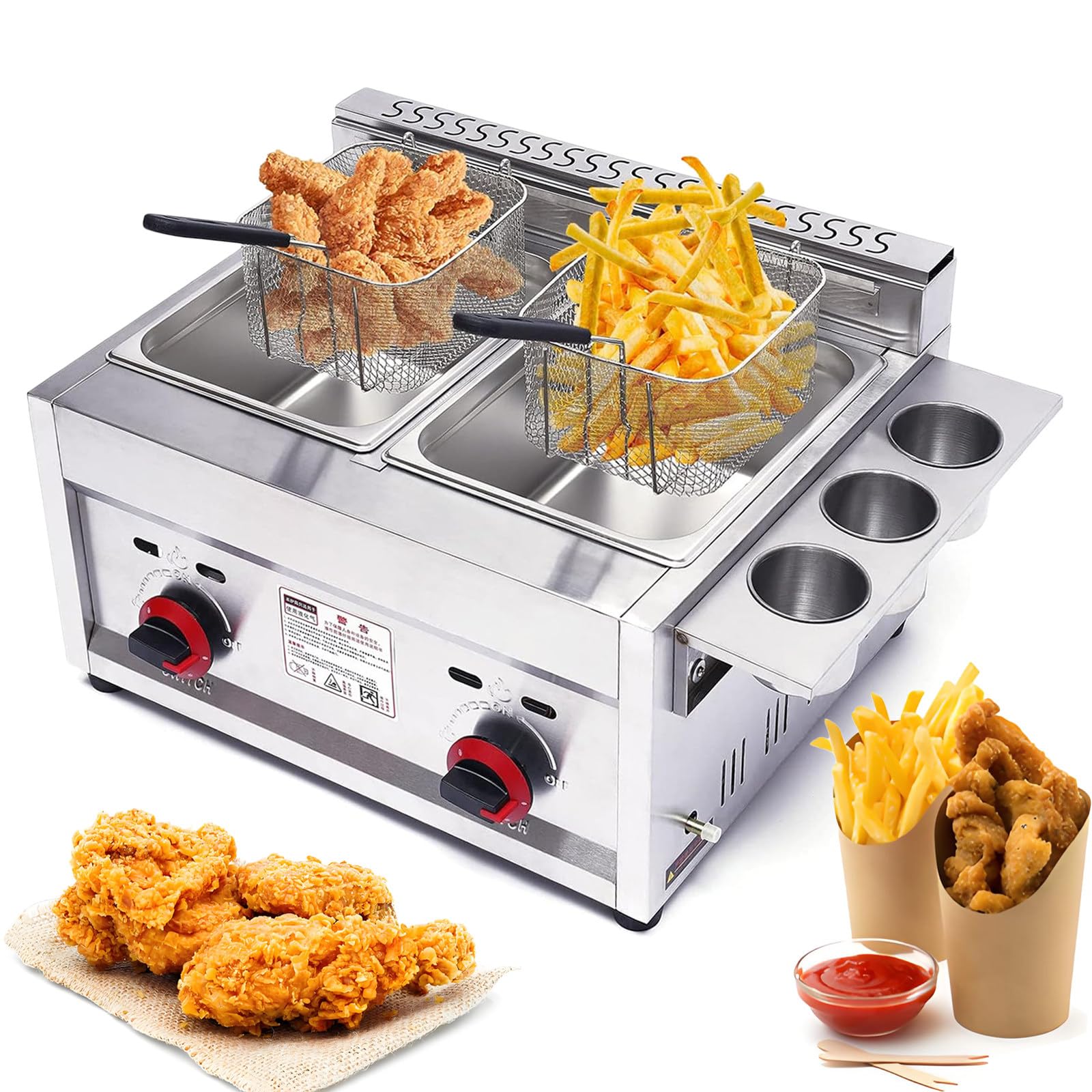 Generic Freidora de Gas Comercial para Encimera con 2 Cestas Fritas – 2 Freidora de Chips de Grasa de Acero Inoxidable de Gran Capacidad para Restaurante Cafetería - Control de Temperatura