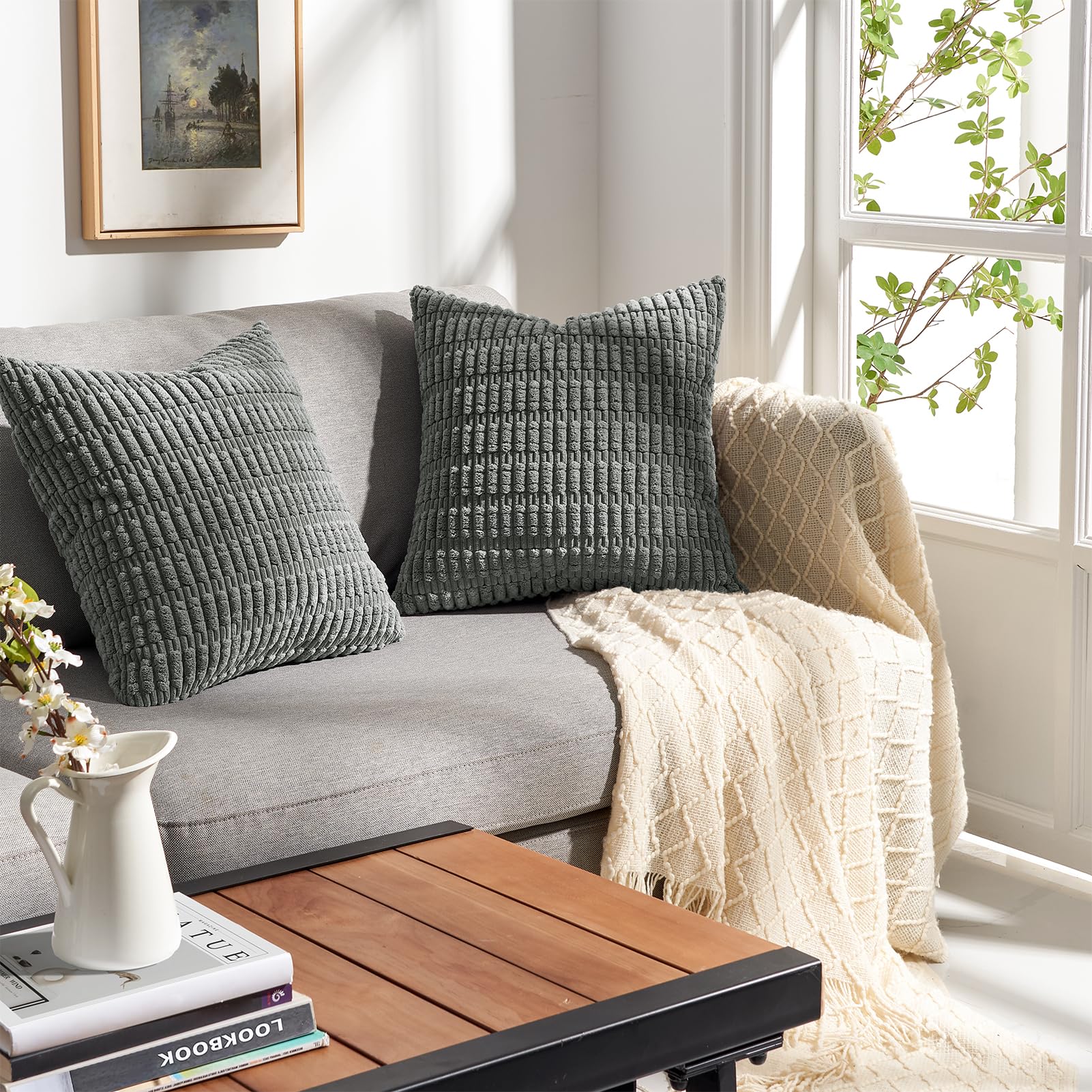 Topfinel Dark Grey Corduroy Cushion Covers 40x40 cm 16x16 Inch Pack of 2 Decorative Throw Pillow Cases with Invisible Zipper Soft Sofa Cushion Covers for Living Room Bedroom Sofa Bed - Image 2