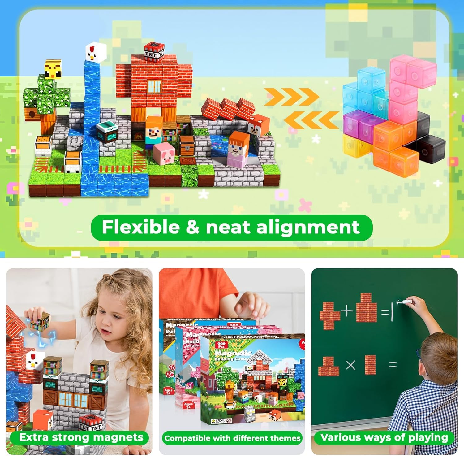 Goody King Costruzioni Magnetiche per Bambini 200 Pezzi - Blocchi Magnetici con Tema Prateria - Animali e fiumi - Magnetic Building Blocks Giocattoli Montessori - Regali STEM per bambini 3-9 Anni