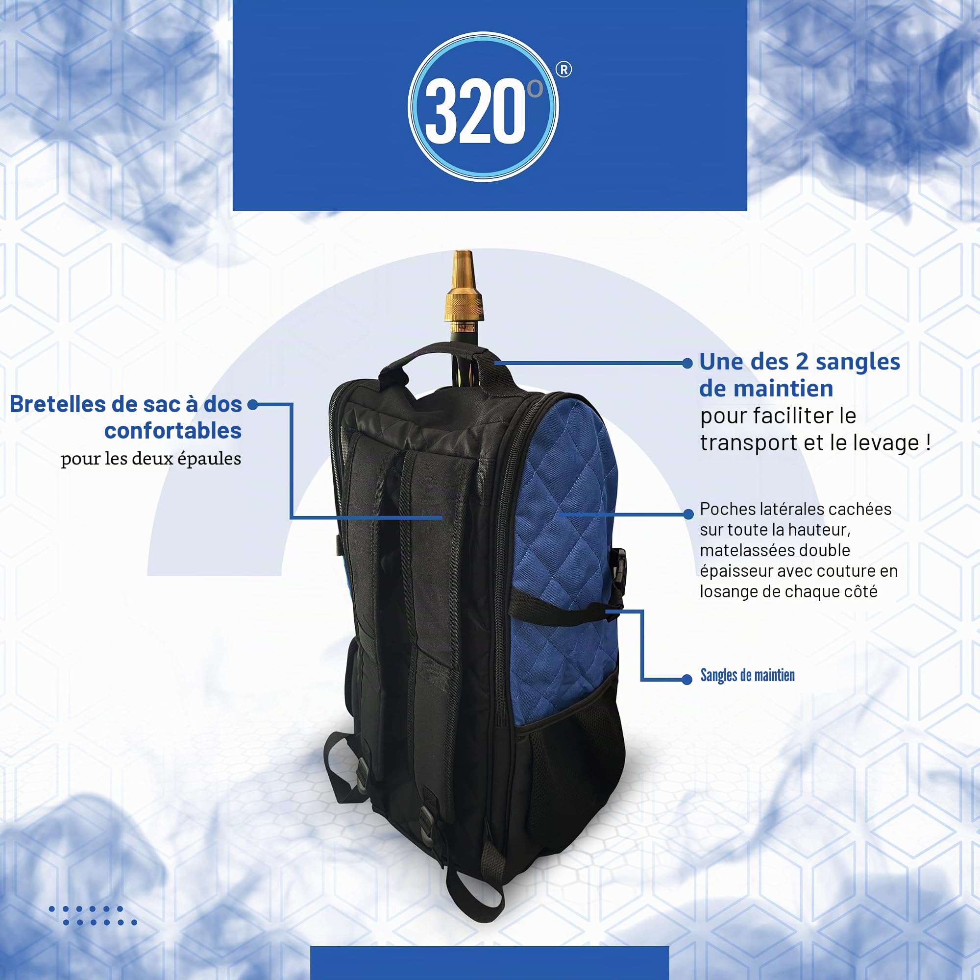 Grand sac de transport pour chicha narguilé Sac de transport Sac à dos de transport 14 compartiments Noir et bleu Sac de voyage, noir/bleu, Sac de voyage