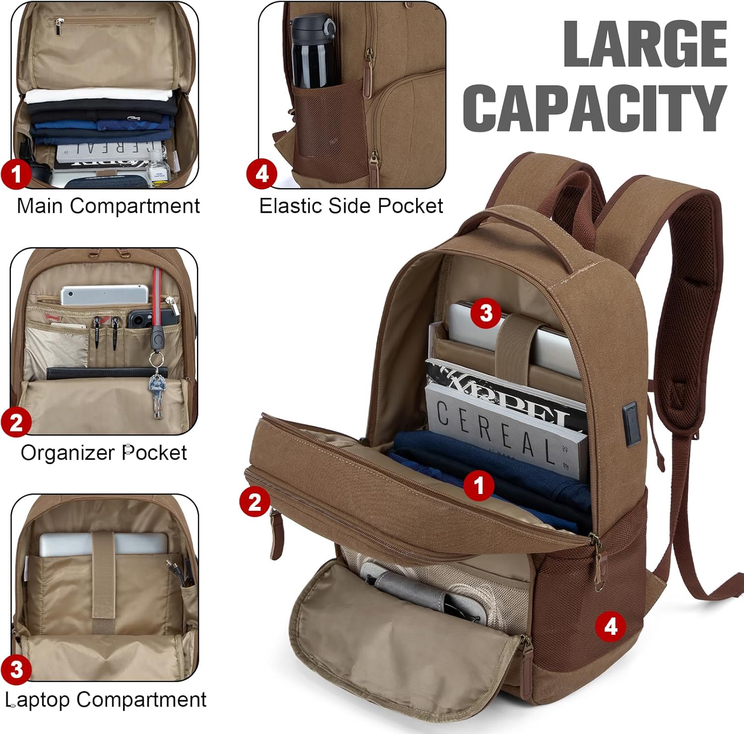 Tzowla Canvas Laptop College Backpack for Men and Women,Travel Work Vintage Rucksack with USB/Type-C Charging Port,Lightweight Hiking Casual Daypack Backpacks fit 15.6 inch Notebook,Brown - Image 2