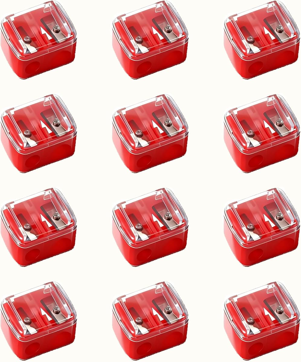 12 Pcs Eyeliner Sharpener, Double Hole Sharpeners for Eyebrow Pencil, Eyeliner, Lip Liner - Red Handheld Sharpeners with Removable Cover