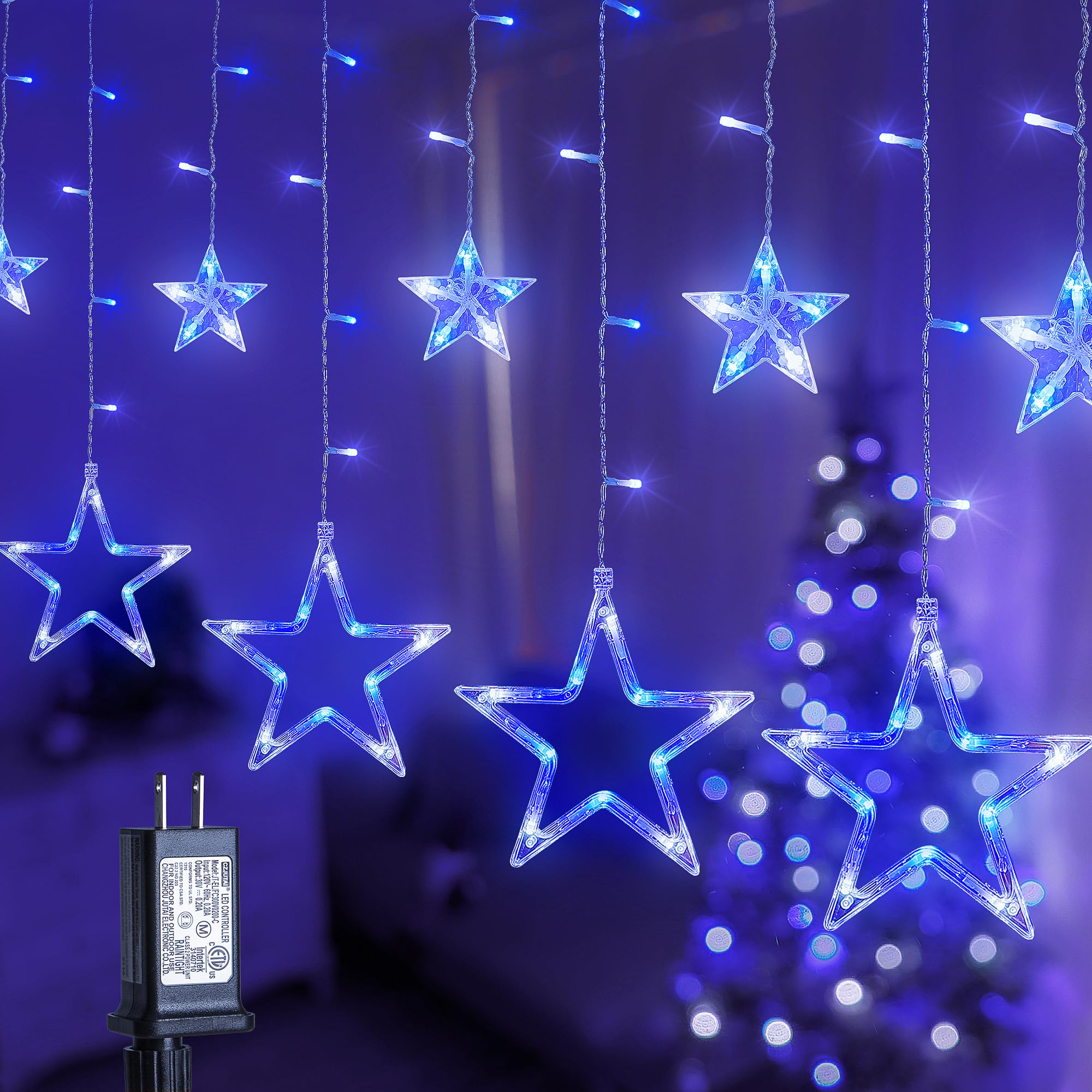 MYGOTO Blue White Star Icicle Curtain Lights