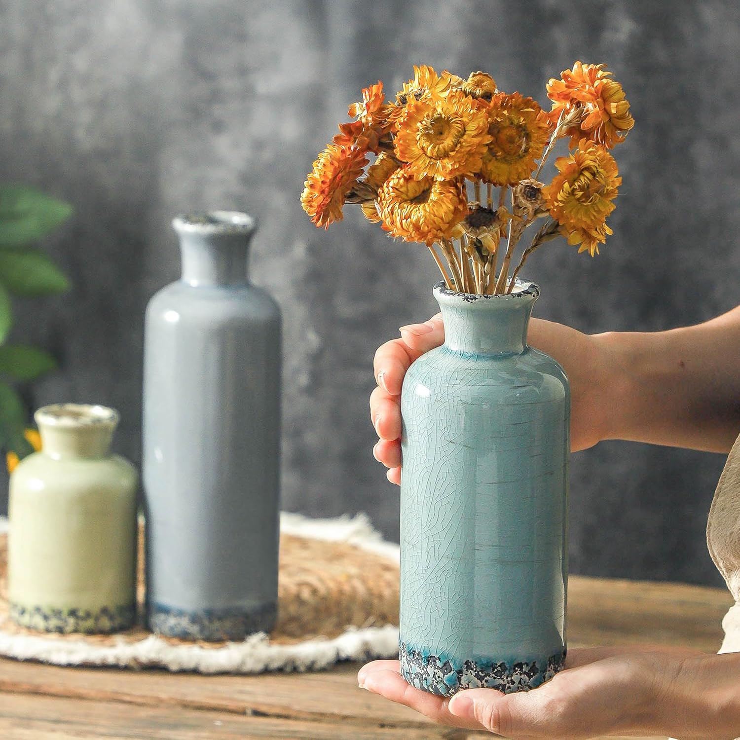 Flower Vase Set of 3, Ceramic Neutral Vases Home Decor, Pottery Rustic Farmhouse Decorative Vases Modern Decor for Table Mantel Entryway Bookshelf Living Room Kitchen Bedroom - Multicolor - Image 3