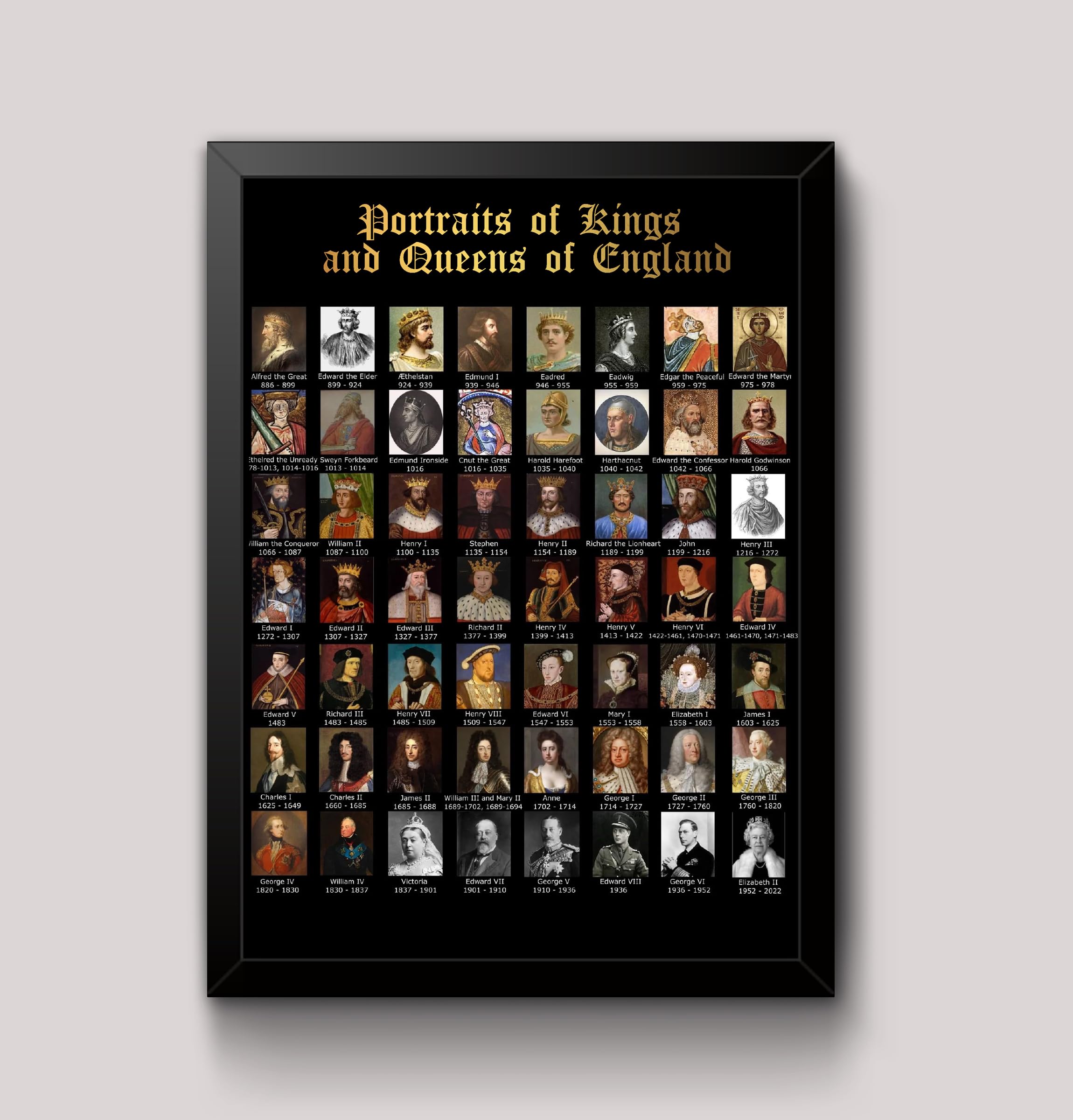Kings and Queens of England Royal Portraits Gallery Educational Poster Wall Art Print A4 / A3 (A4 Framed - Black Frame)