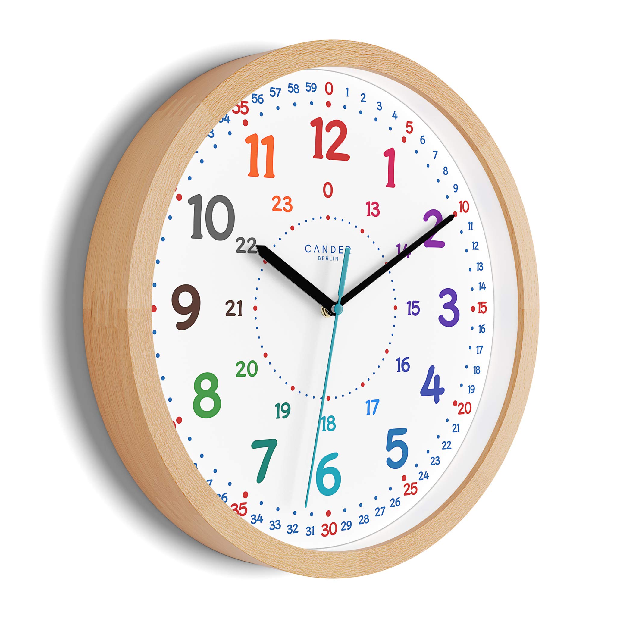 Cander Berlin MNU 11230 Wanduhr Kinder Holz 30,5 cm Lernen Lernzifferblatt Holzuhr lautlos geräuschlos leise Massivholz Holzrahmen Kinderzimmer ohne Tickgeräusche Junge Mädchen
