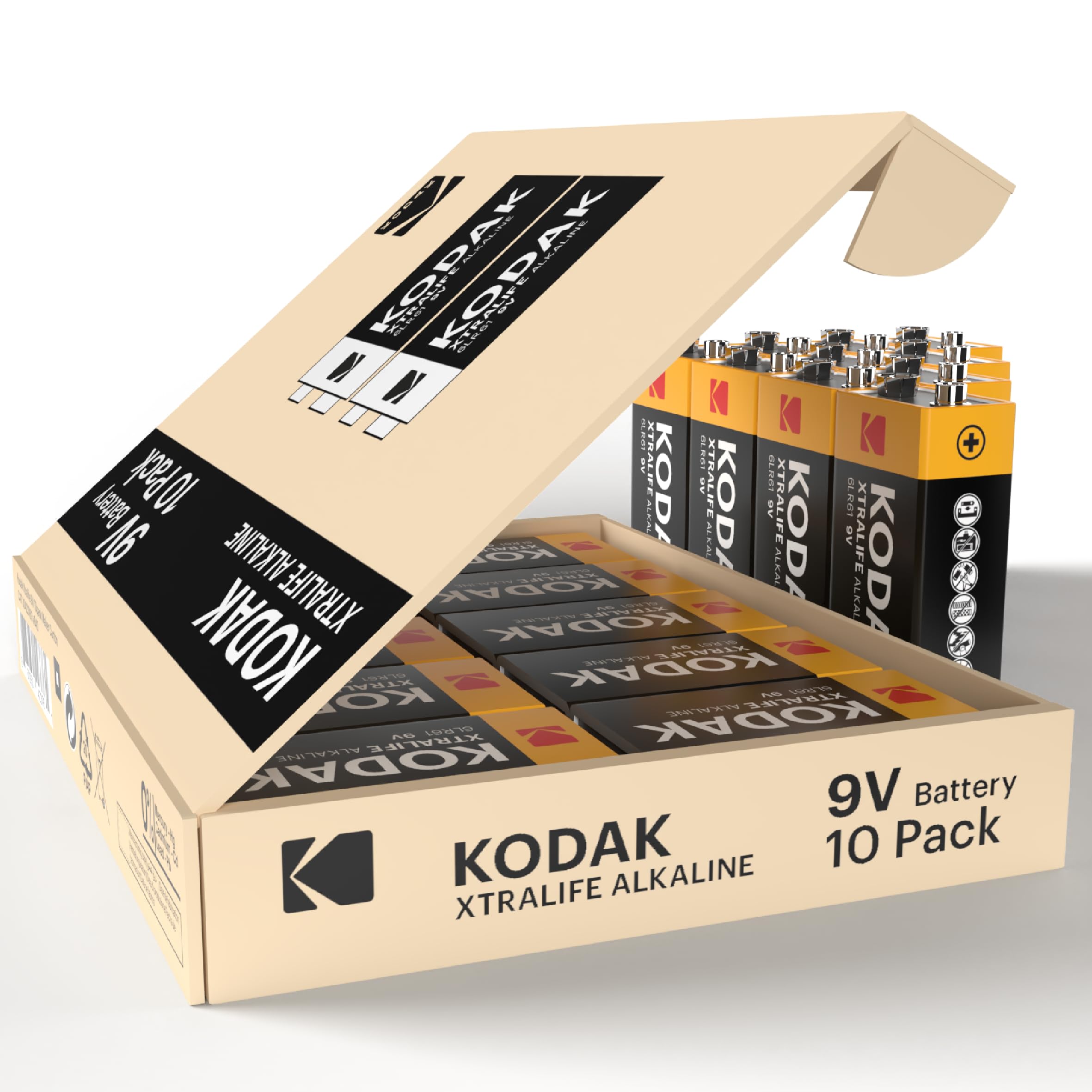 Kodak Xtralife 9V Batteries 10-Pack, Smoke Alarm Battery, PP3 for Fire Alarm, Square 6LR61 MN1604 Alkaline Batteries, 10-Year Shelf Life, 100% More Power — view 2