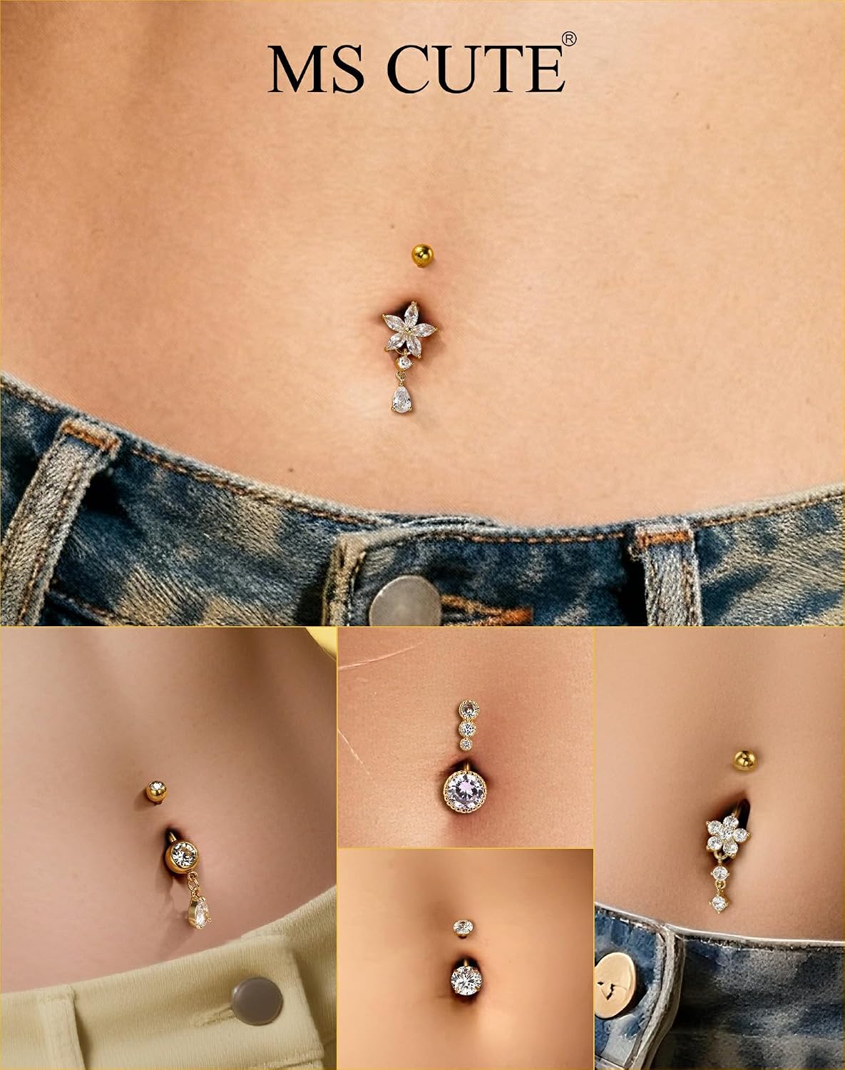 5PCS Belly Button Rings for Women Girls, 14G Surgical Steel Navel Rings Set, Gold & Silver CZ Dangle Body Piercing Jewelry