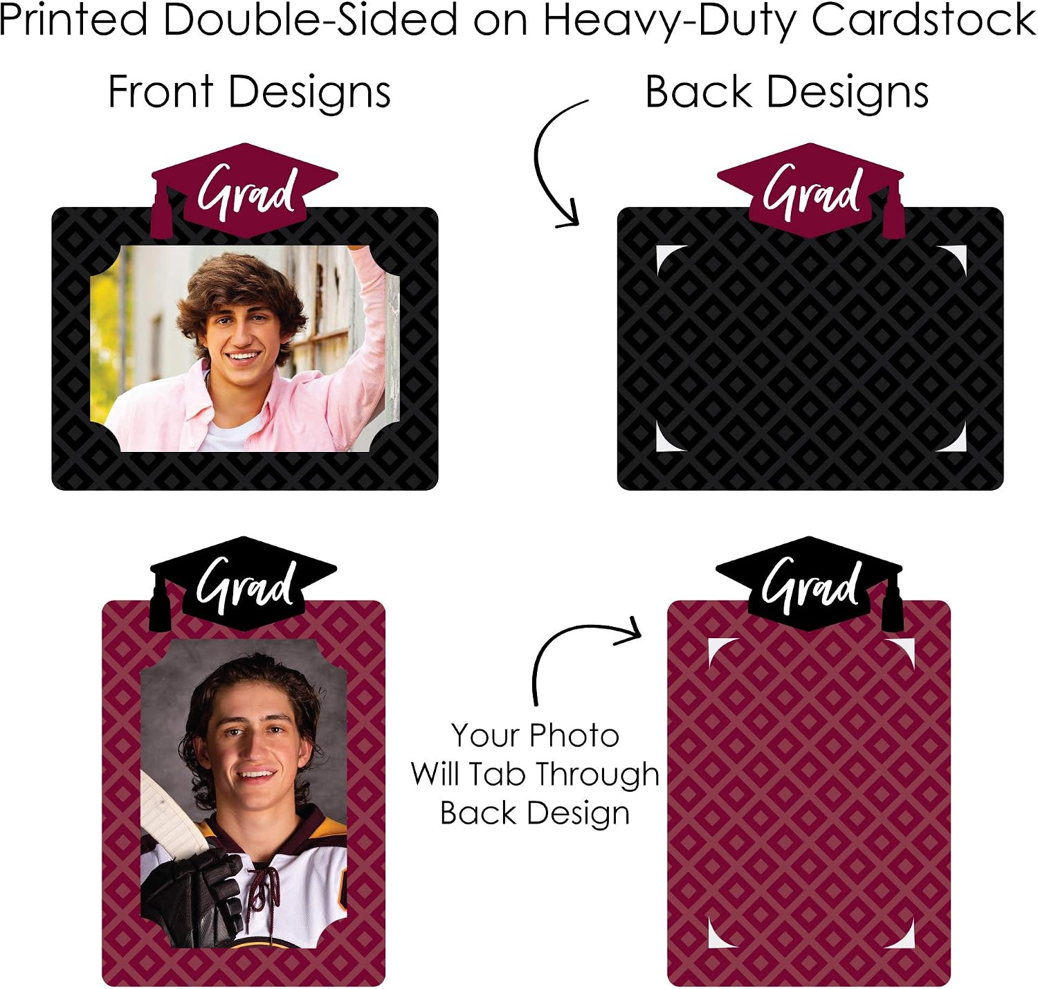 Big Dot of Happiness Maroon Grad Graduation Photo Display Centerpiece Kit - 15 Double-Sided Photo Table Topper Sticks, Vertical and Horizontal 4x6 Picture Holders, DIY Party Decoration Set