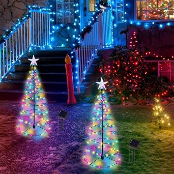 Dynaming 2 Pack Solar Spiral Christmas Trees with Multicolor Lights, 26 Outdoor Light Up Xmas Pathway Markers with Stake, Auto On/Off & Waterproof Lights for Winter Patio Yard Walkway Driveway Decor