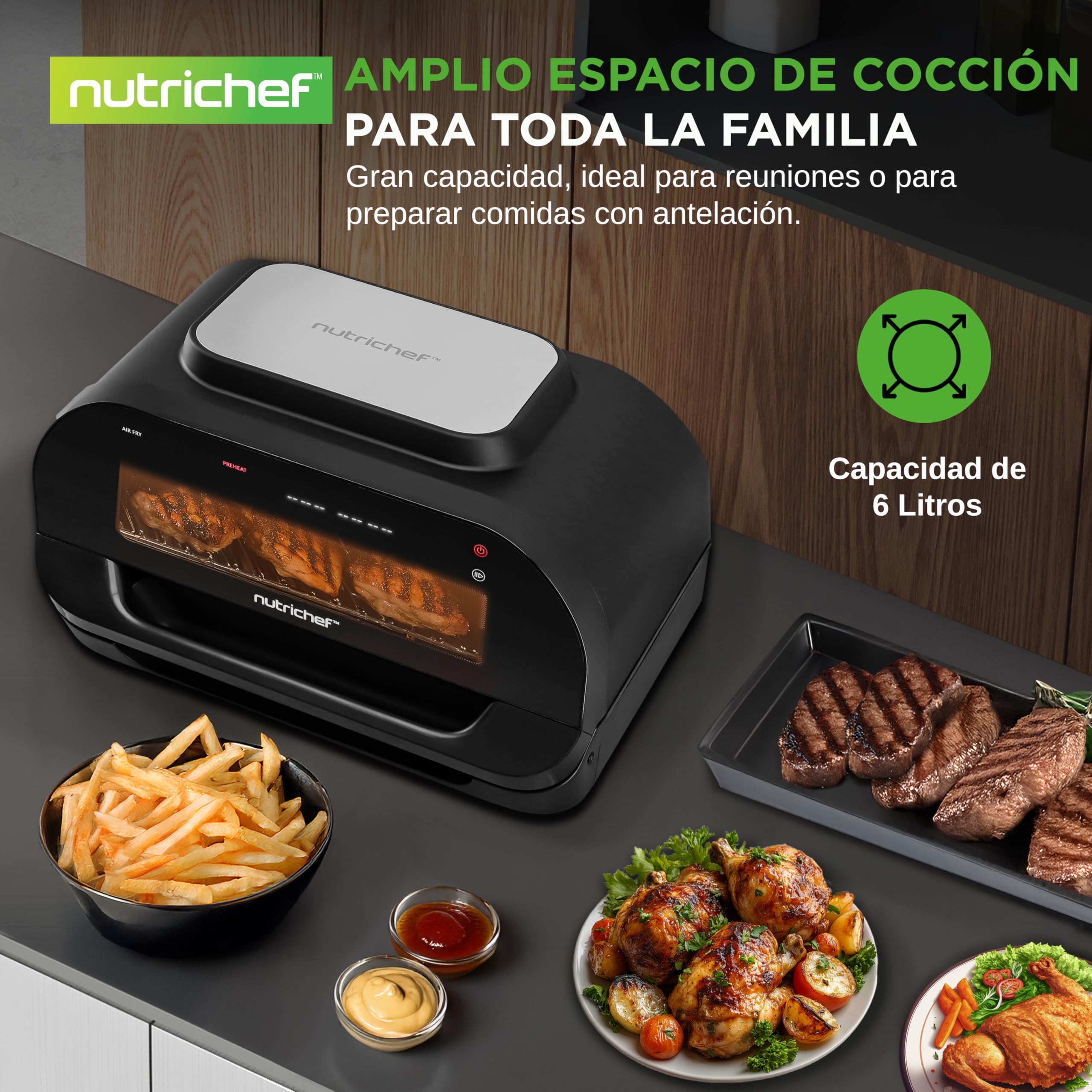 NutriChef Parrilla Electrica de Interior y Freidora de Aire 7 en 1 sin Humo, 6L, Termometro Integrado, Control de Temperatura, Placas Antiadherentes Desmontables