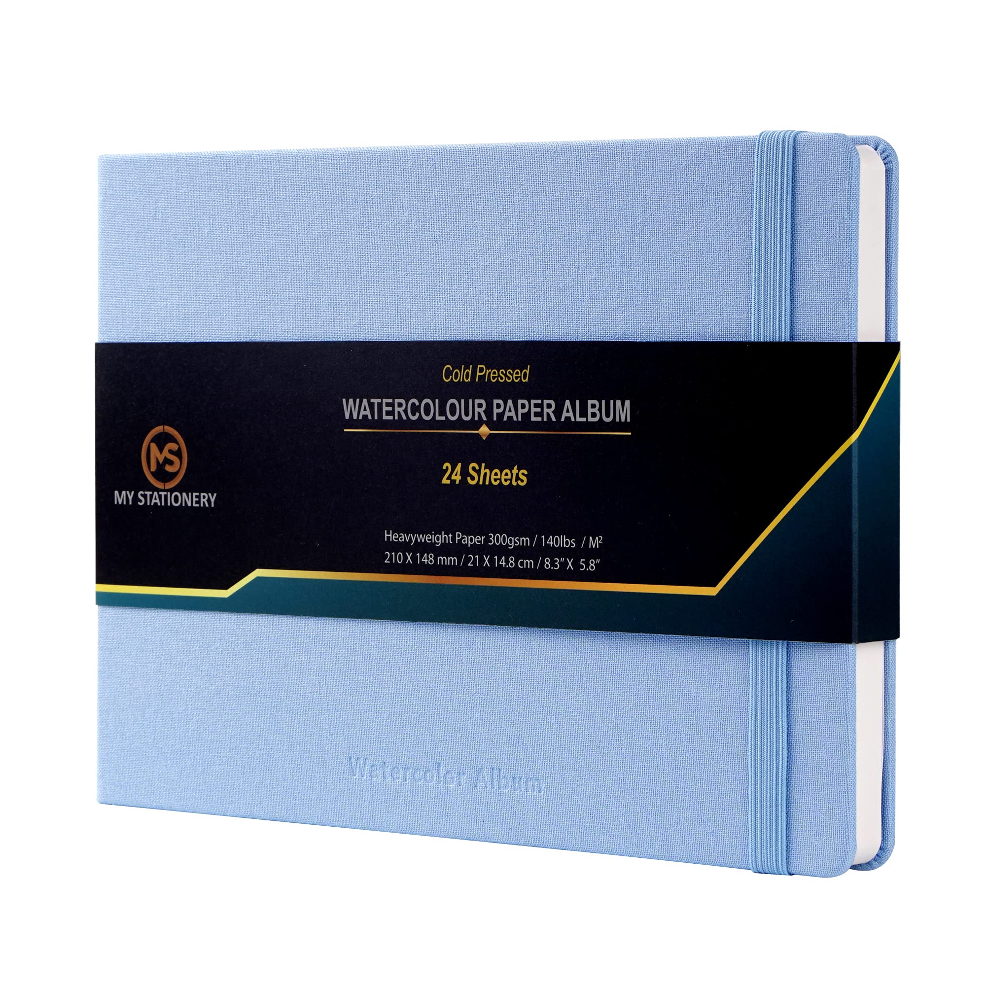 A5 Watercolour Pad Cold Pressed Sketch Book Linen Fabric Hardcover Thread Sewn Binding (Upgraded Binding) Album 140lb (300gsm) 100% Cotton Ivory Colour Paper Sketchbook 24 Sheets - Sky Blue Cover