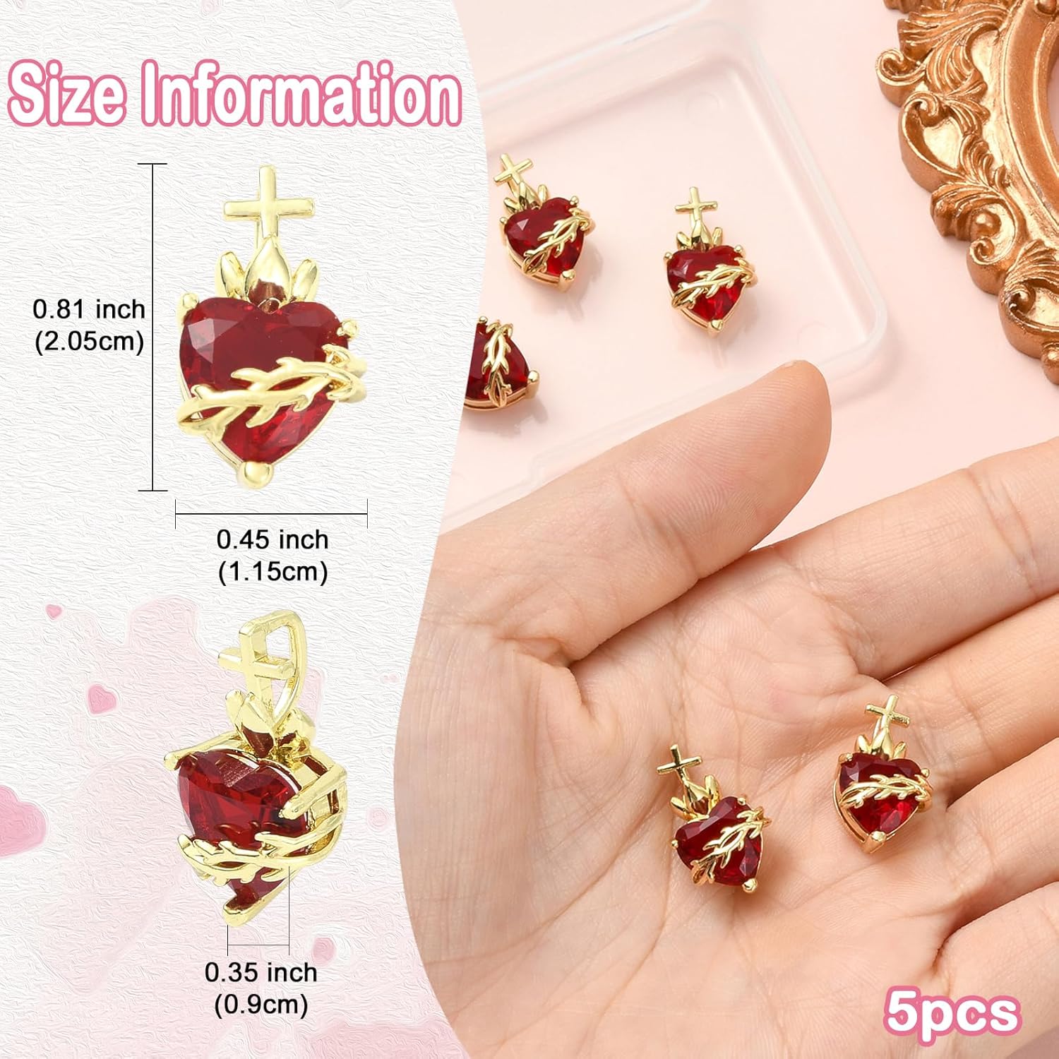 5Pcs Heart Charms for Jewelry Making 18K Gold Red Glass Metal Dangle Charms for Earrings Necklaces DIY Craft Supplies - Image 2