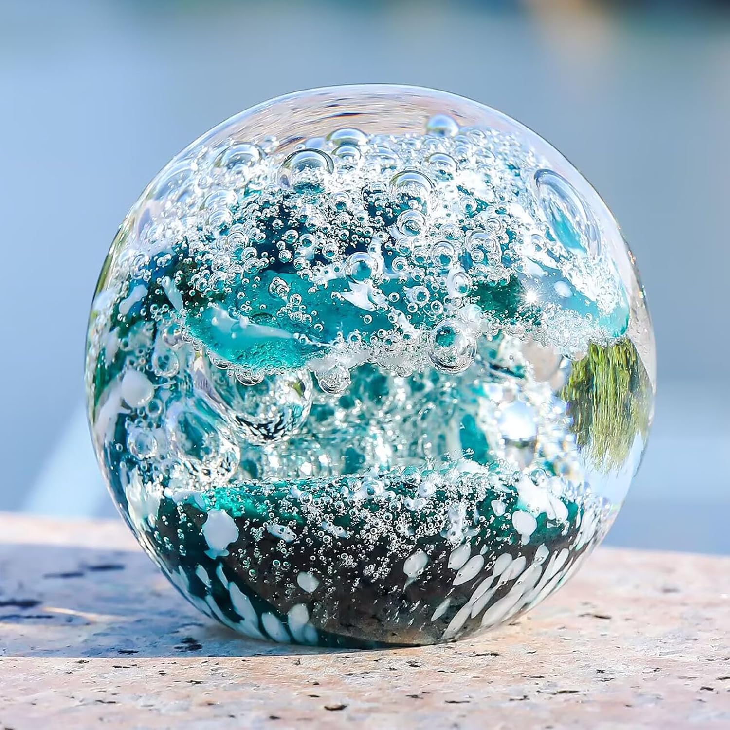 Decorative Crystal Ball Figurines Ocean Waves Paperweight Blown Glass Decor Sea Art Ocean Lovers Gift Green White 3.15"