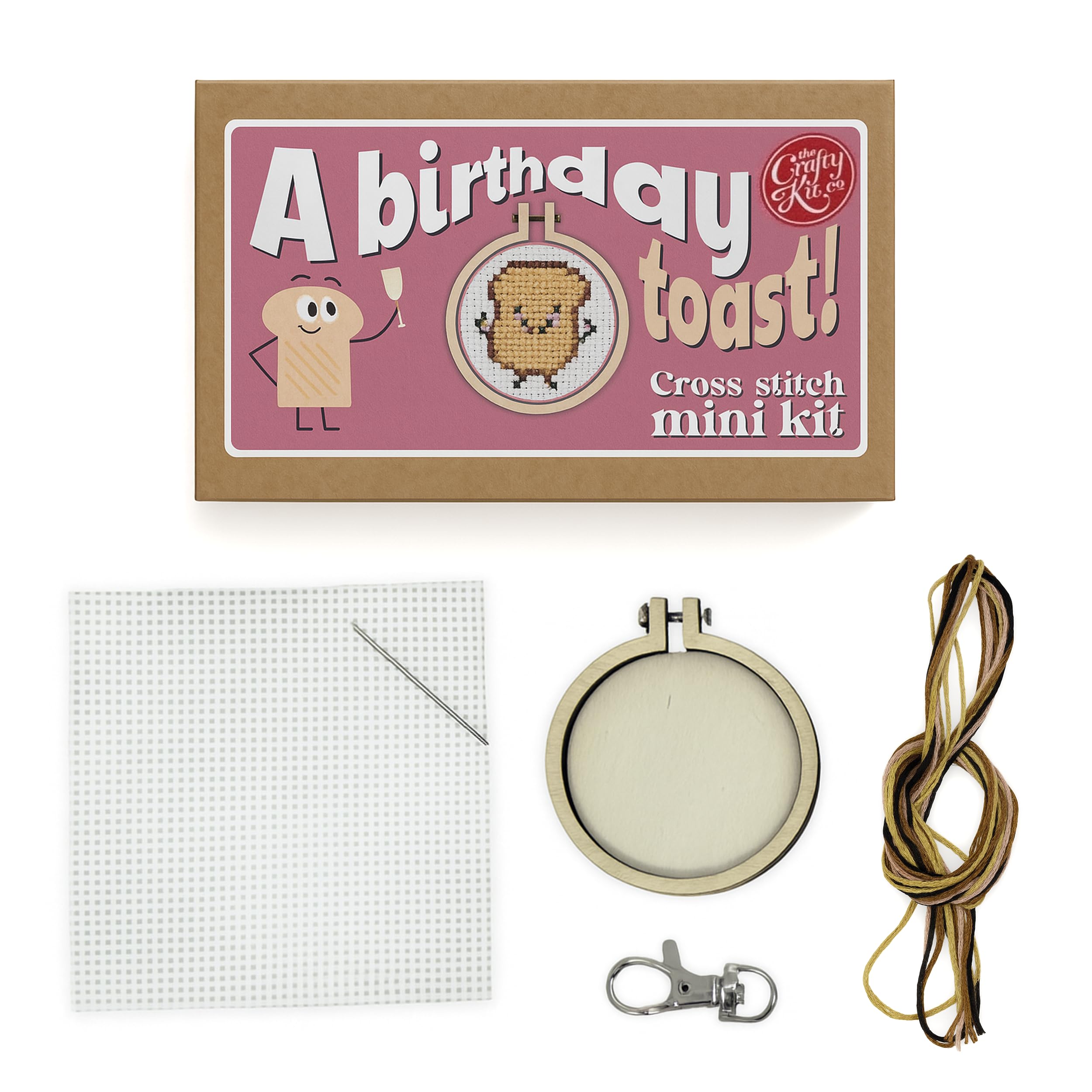 The Crafty Kit Company Embroidery Starter Kit & Cross Stitch Kit - A Birthday Toast! Mini Matchbox Keyring | Eco-Friendly DIY Craft Kit for Adults & Kids - Handmade Gift Made in Scotland