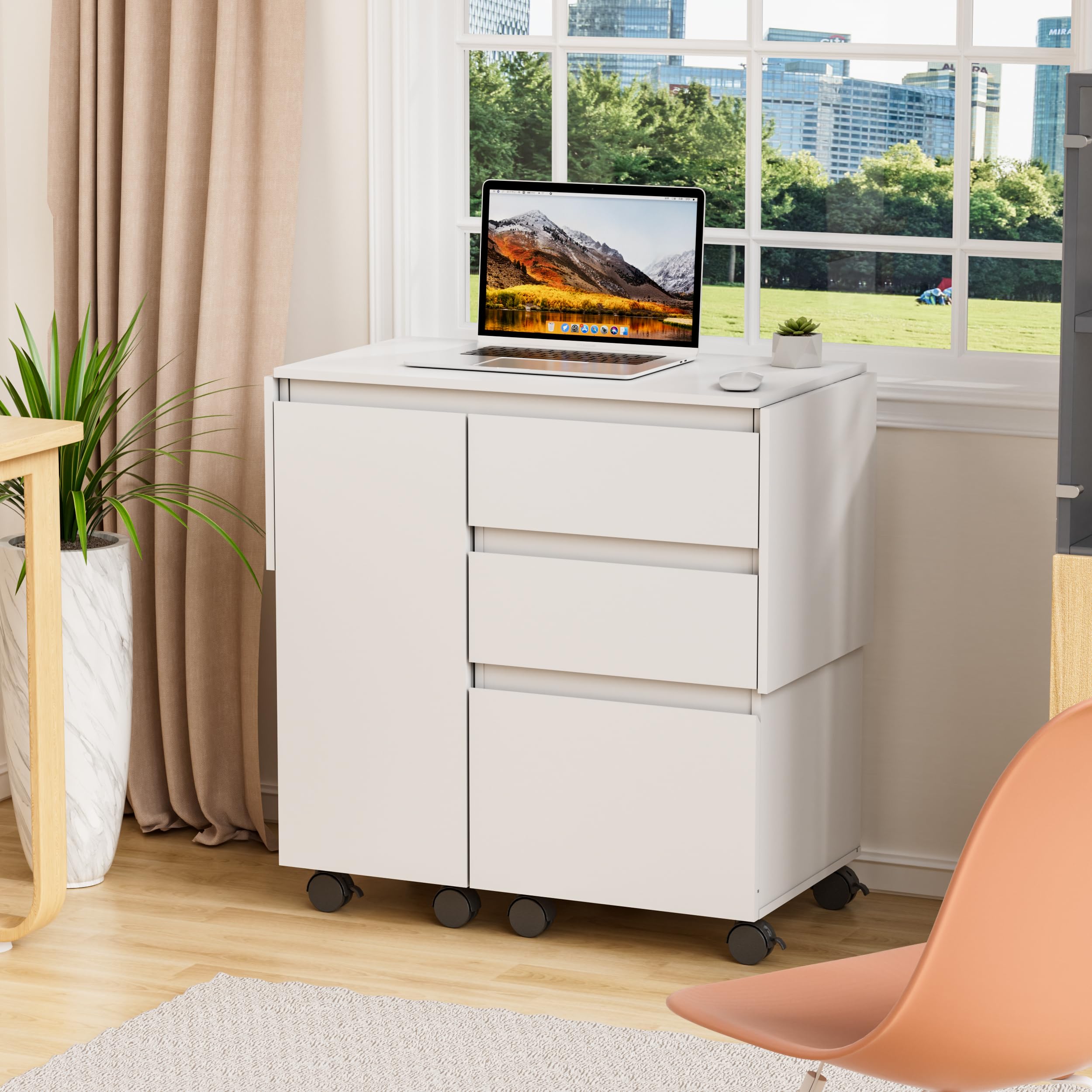 JoliJour Scrivania Bianca Allungabile con 3 Cassetti e 1 Anta, Può Essere Piegato in Uno Schedario, Tavolo Lavoro per Casa, Studio e Ufficio, 66-120*36.5*73cm