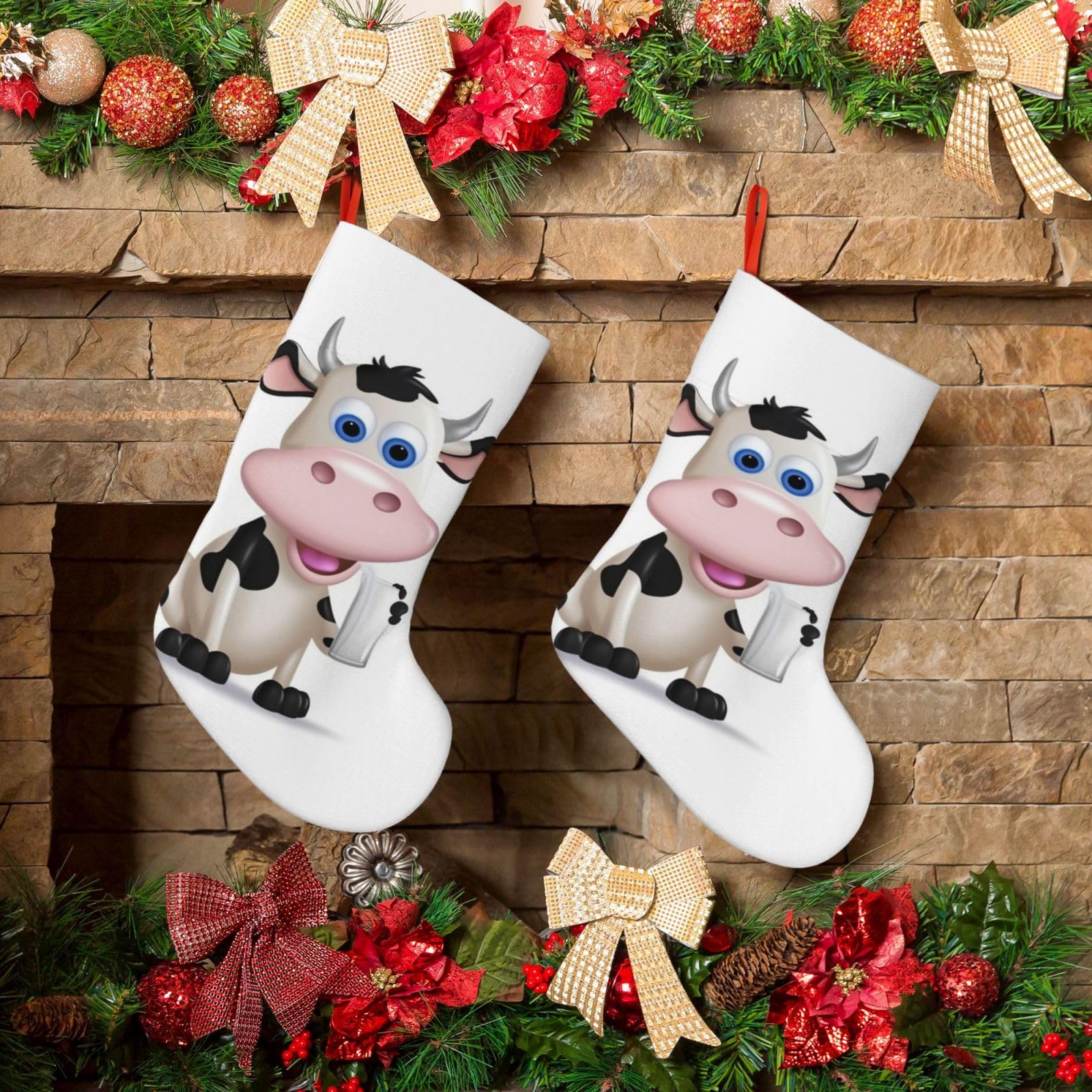 KLOPH Christmas Stockings 18" Personalized Xmas Stocking Cartoon Milk Cow Decoration Stocking Hanging Fireplace Stocking for Holiday Xmas Tree Christmas Fireplace Decor
