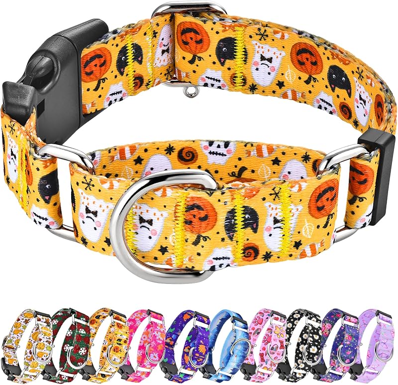 Coleira Martingale Ajustável de Nylon para Cães Hikiko com Estampa de Halloween, Tamanho S