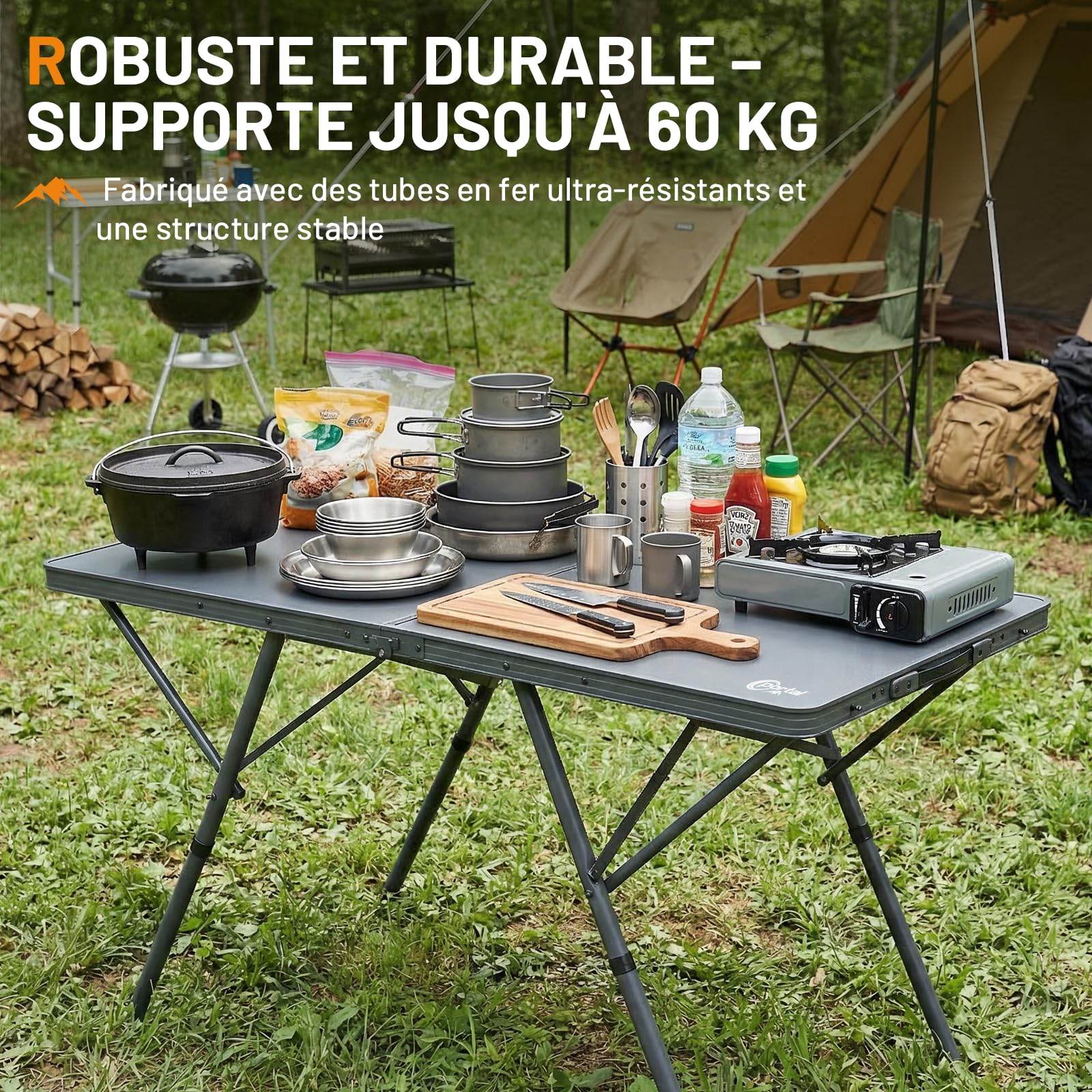 Portal Table de camping pliable - 120 x 60 cm - Extra large - En aluminium - Hauteur réglable - Pour 4 à 6 personnes - Table pliante - Idéale pour pique-nique, jardin, balcon, fête, camping-car