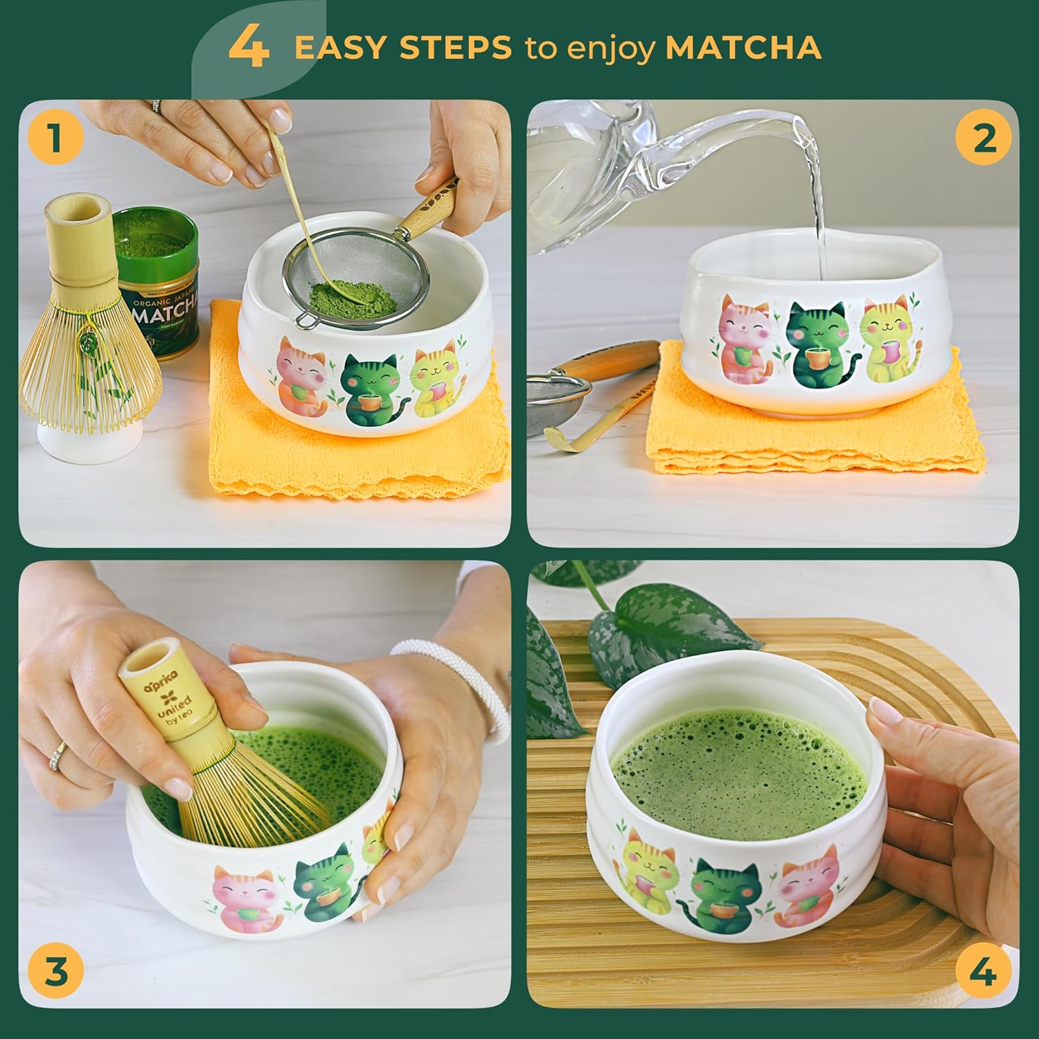 Matcha Gift Set 6 Pcs – Ceramic Bowl, Bamboo Whisk, Whisk Holder, Scoop, Sifter & Cloth – Traditional Japanese Set for Green Tea by Aprika Matcha (White with Cats)
