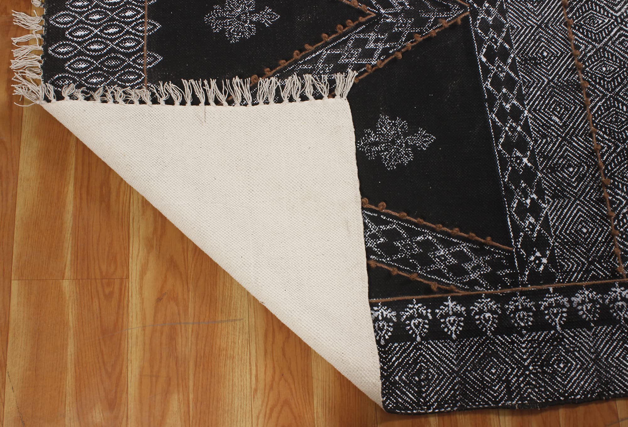 Tappeto da bagno in cotone intrecciato a mano con nappe stampa a blocchi di mano, tappetino per interni Boho per camera da letto, soggiorno, lavanderia
