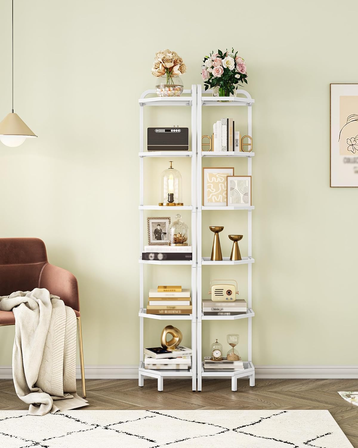 Hzuaneri Corner Shelf Stand,6-Tier Glass Bookshelf Bookcase, Bathroom Organizer, Plant Stand, Steel Frame, Tempered Glass, Modern Style for Living Room, Bathroom, Kitchen, White CS90613W