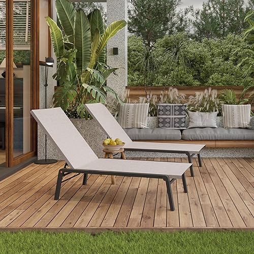Miniatura 7 de Juego de 2 tumbonas para patio con 4 respaldos ajustables, tumbona plegable de aluminio reclinable para exteriores, junto a la piscina, bronceado