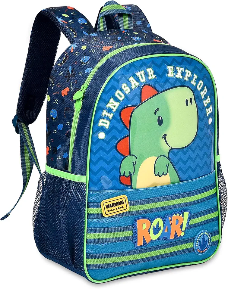 Mochila Infantil Escolar Dinossauro Explorer Personagem Divertido ROAR Bolsos Laterais Garrafinha Bolso Frontal Zíper Reforçado Alças Acolchoadas Confortáveis 39x24x12cm Criança Creche