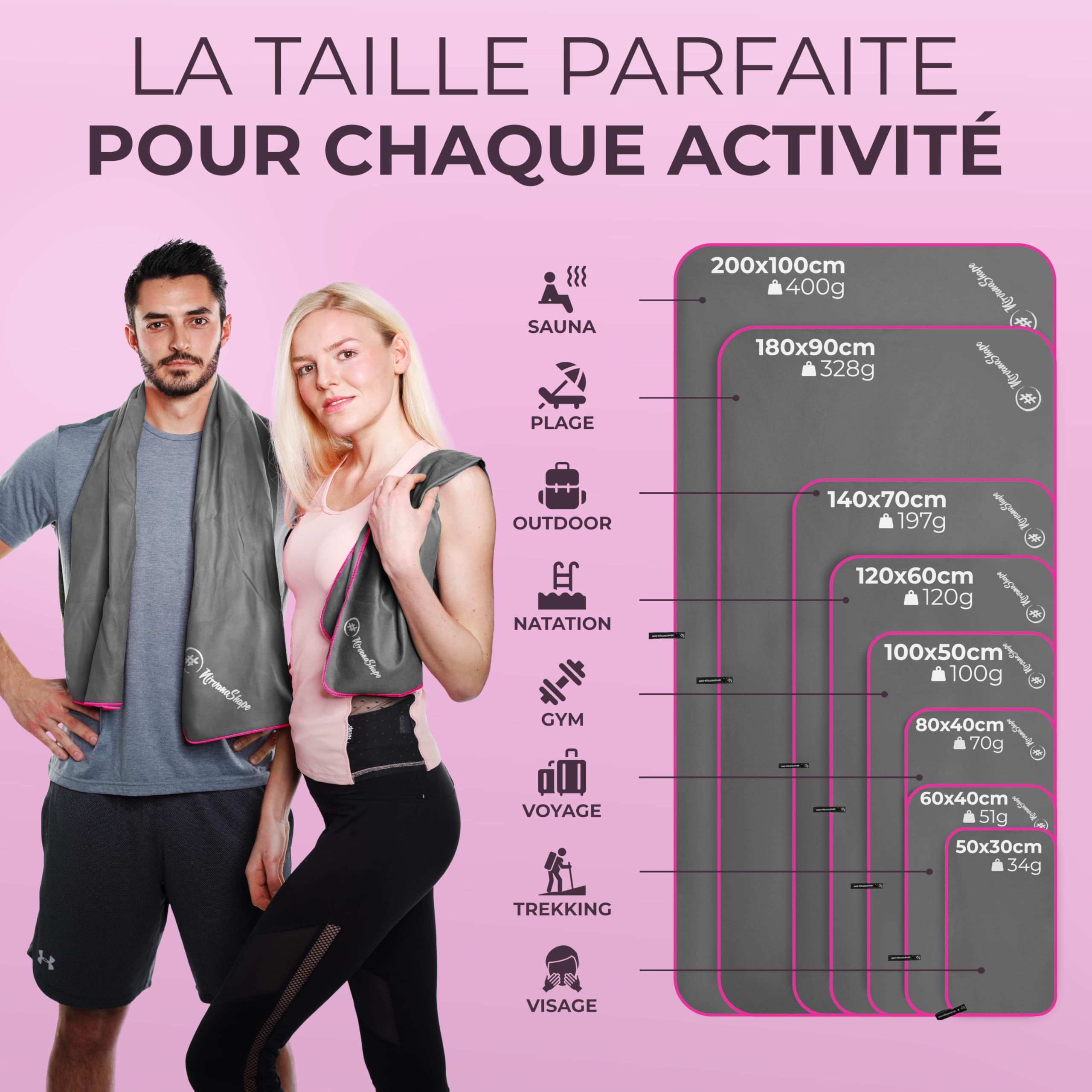 Serviette Sport Musculation NirvanaShape Serviette Microfibre| Séchage Rapide, Légère, Absorbante | /Serviette De Bain De Voyage| Idéal Pour Le Sport, Le Plein Air, La Plage, Le Camping Et Le Sauna Serviette De