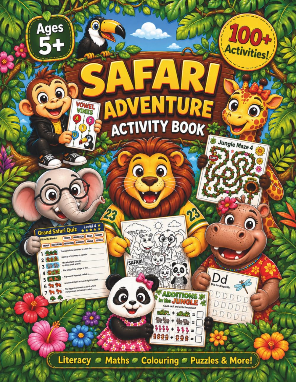 Jungle Safari Activity Book: For Kids Aged 5 and above: Tracing, Colouring, Counting, Mazes, Puzzles & Animal Learning Fun