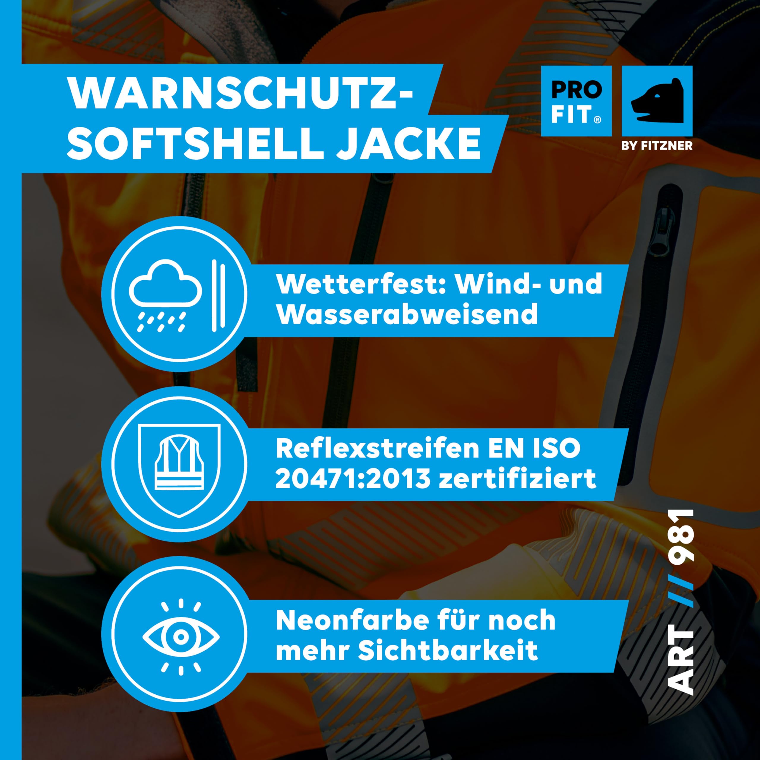 PRO FIT Warnschutz Arbeitsjacke aus Softshell – Größe S – Atmungsaktive Softshelljacke, Wind- & Wasserabweisend, Thermofixiert, Unisex - 1 Stk., Neonorange/Schwarz