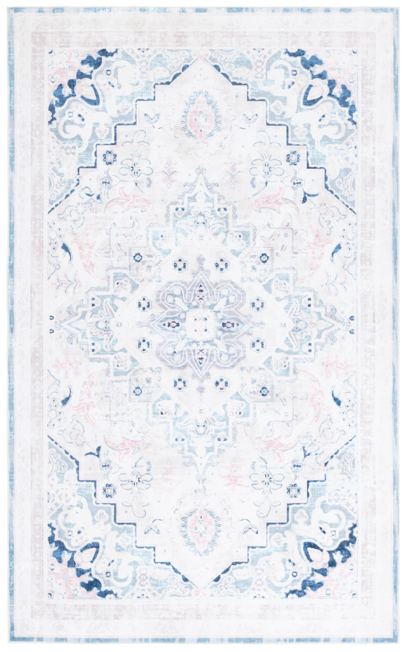 Safavieh Washable Rug Arizona Collection - 3' x 5', Ivory & Aqua, Slip Resistant & Easy to Clean, Ideal for Living Room, Entryway, Foyer, Kitchen,