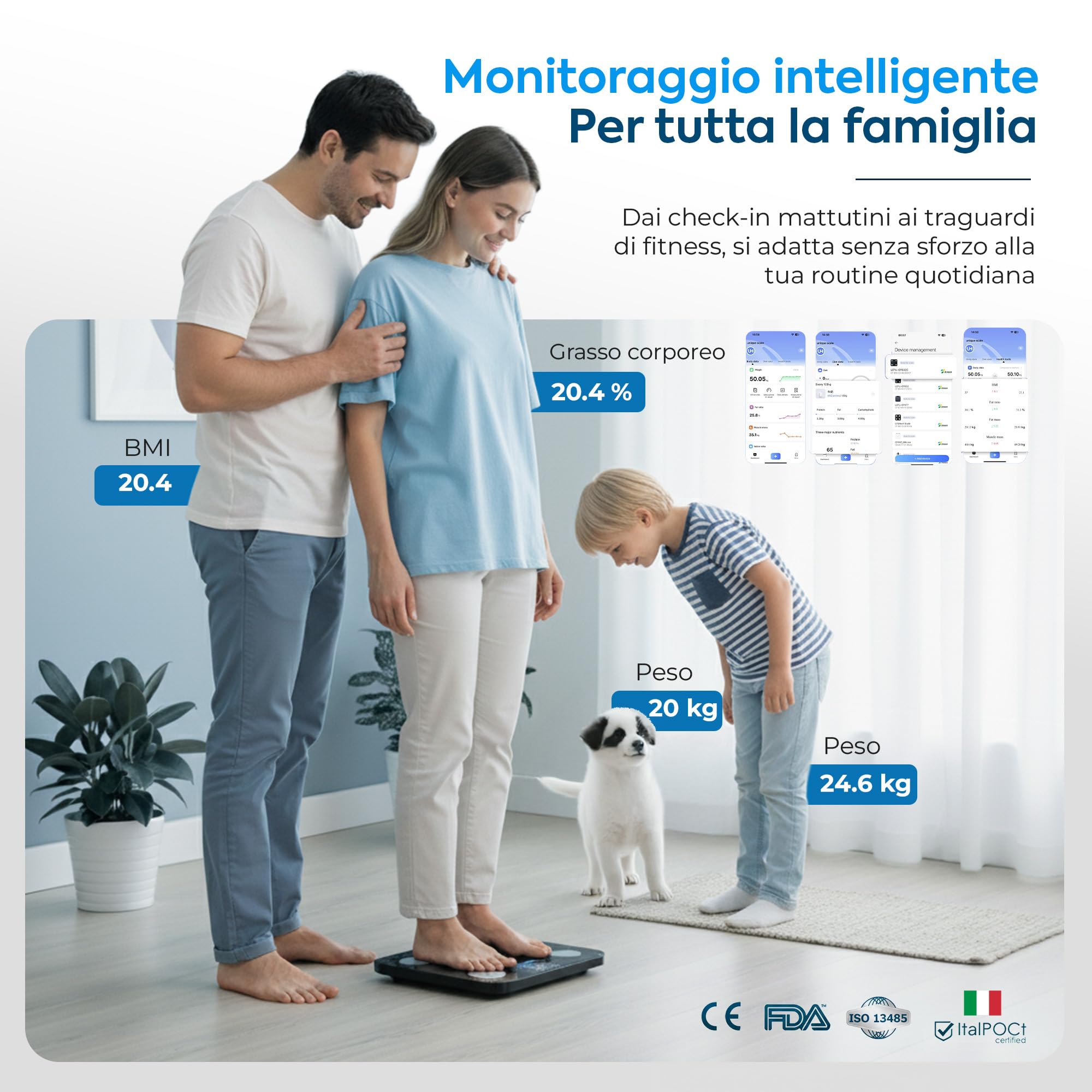 Bilancia Pesapersone Digitale Intelligente 180Kg Bluetooth con App, Impedenziometrica Professionale con Elettrodi in Acciaio Inossidabile, Display LED e 25 Indicatori Corporei
