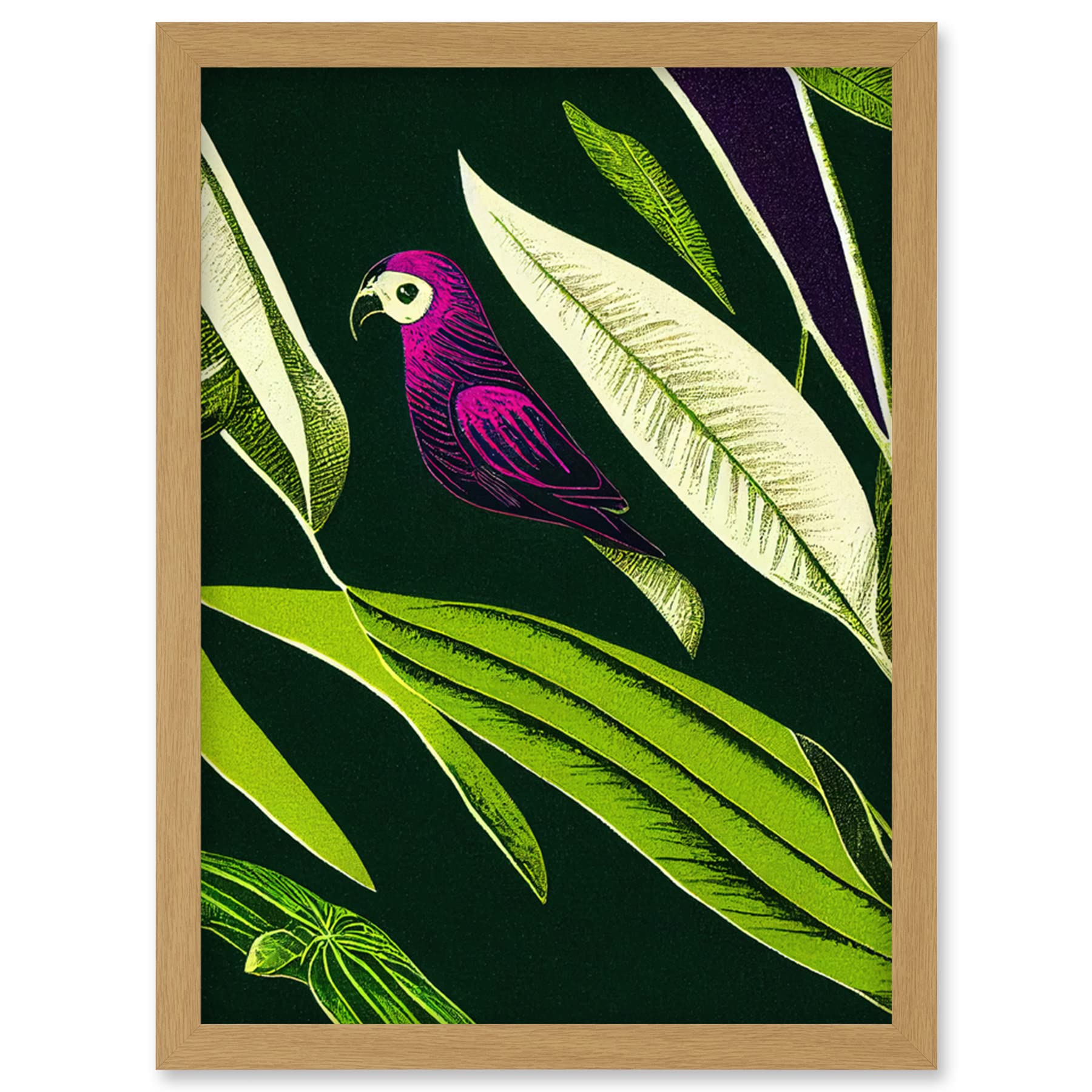 Wee Blue Coo Pink Parrot and Tropical Plant Leaves Vintage Linocut Pattern Detail Artwork Framed Wall Art Print A4