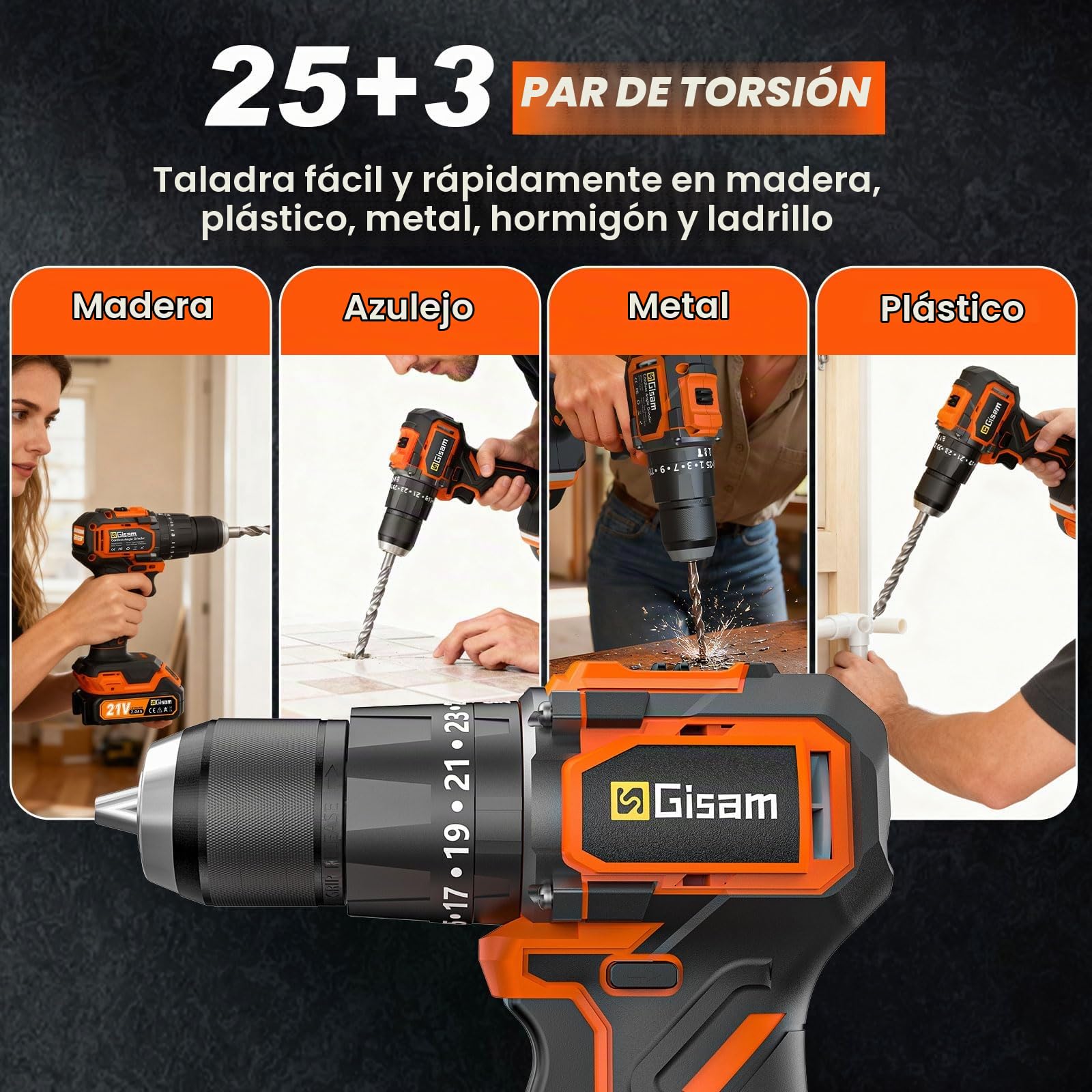 Taladro a Batería 21V, Kit Taladro Inalámbrico Con 2 Baterías, Motor Brushless 1200W 75Nm, 25+3 Niveles, Mandril 13mm, 2 Velocidades, Gran LED, 29 Accesorios Para Hogar & DIY de Jardín