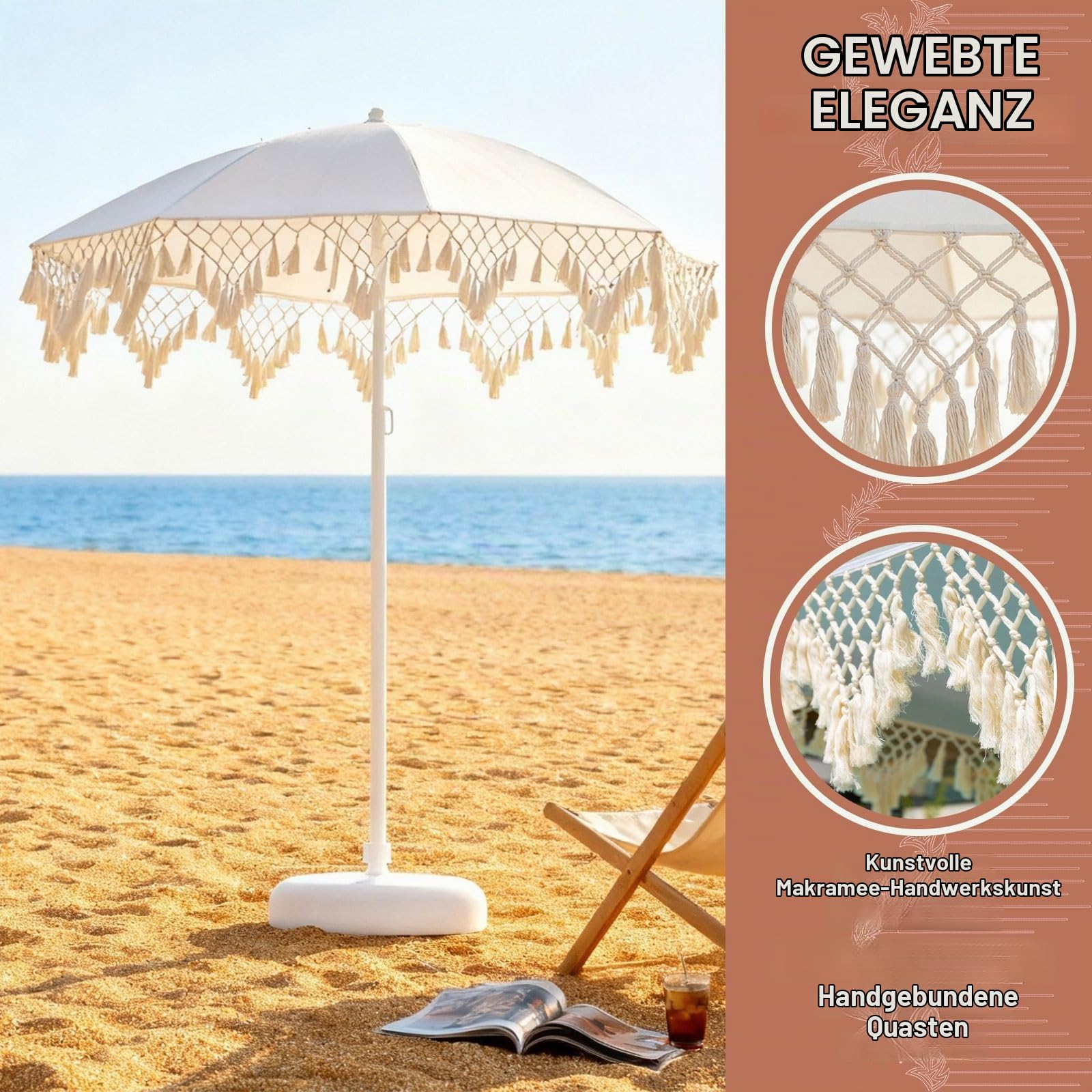 Boho Sonnenschirm mit Fransen | Gartenschirm Runden | Strandschirm UV 50+ | Wasserdicht Tischschirm | Marktschirm Für Garten Terrasse Pool Balconi Esterno | Milchweiß