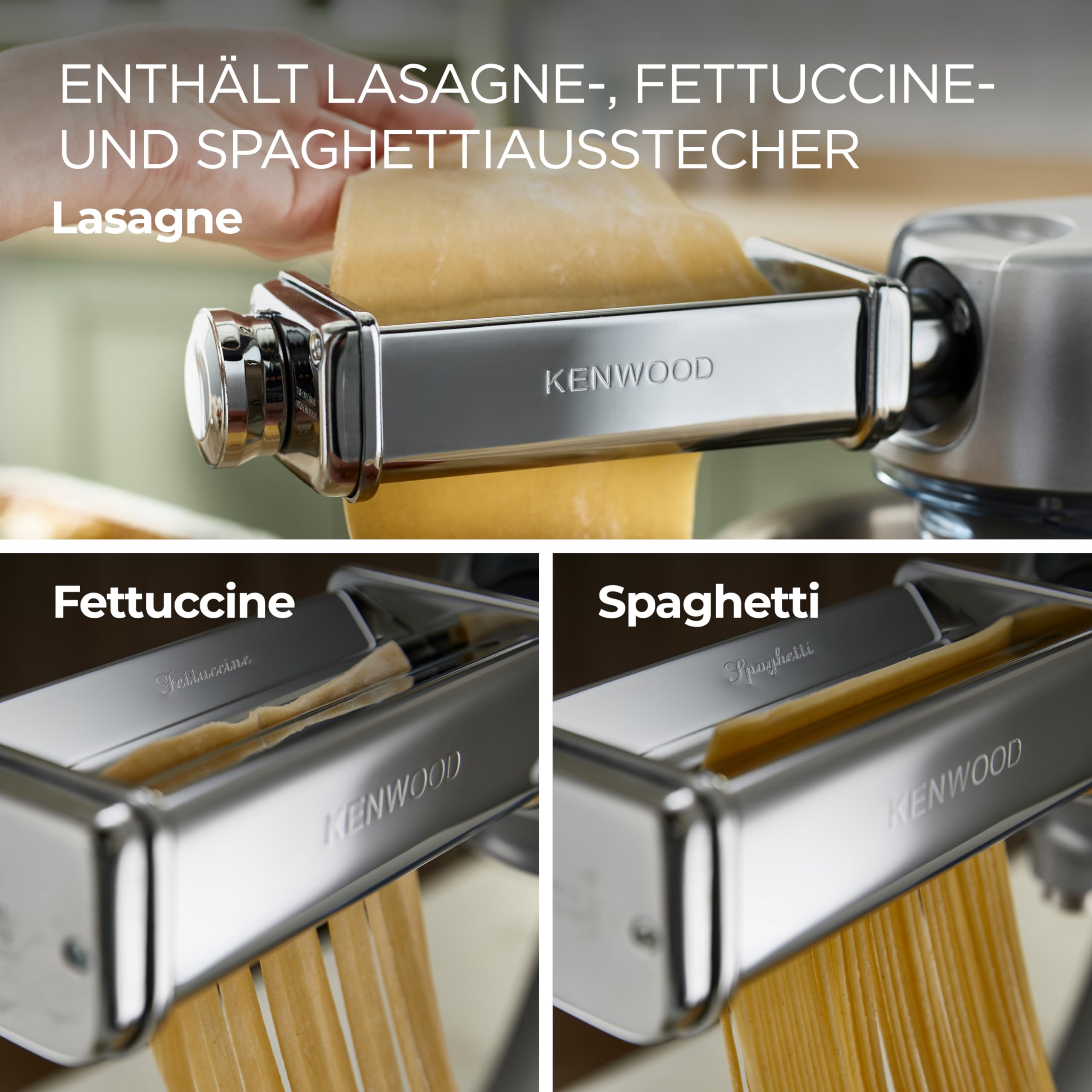 Kenwood Pasta-Set MAX980ME Zubehör für Kenwood Küchenmaschinen, elektrische Nudelmaschine mit Lasagne-Walze und Spaghetti und Fettuccine Aufsatz, Edelstahl, Silber