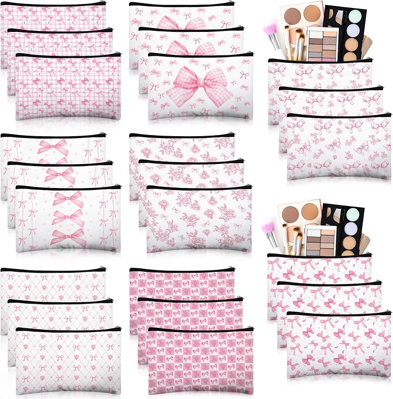 Necessaires de maquiagem Stuffygreenus com laço rosa, canvas e zíper, 24 unidades