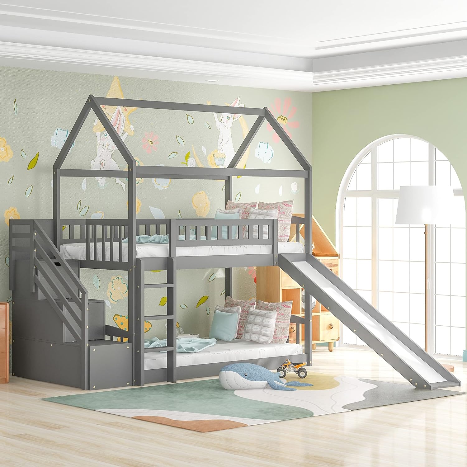 Twin Over Twin House Bunk Beds with Slide and Storage