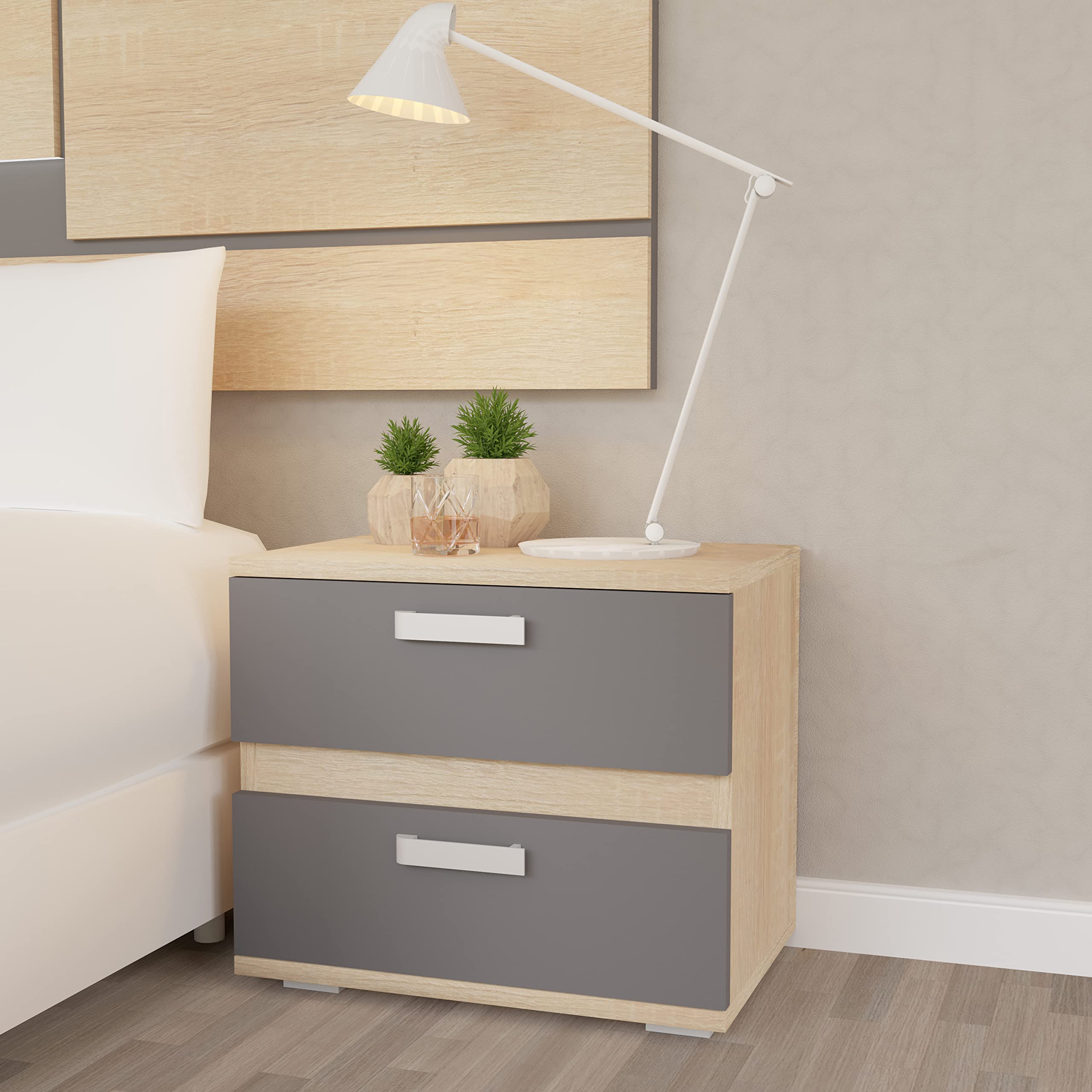 duehome Pack de Dormitorio con Cabecero + 2 mesitas de Noche + Comoda y Espejo, Conjunto de Dormitorio, Dormitorio Completo, Modelo Ataneq Pure 4c, Acabado en Cambria y Grafito, Grande