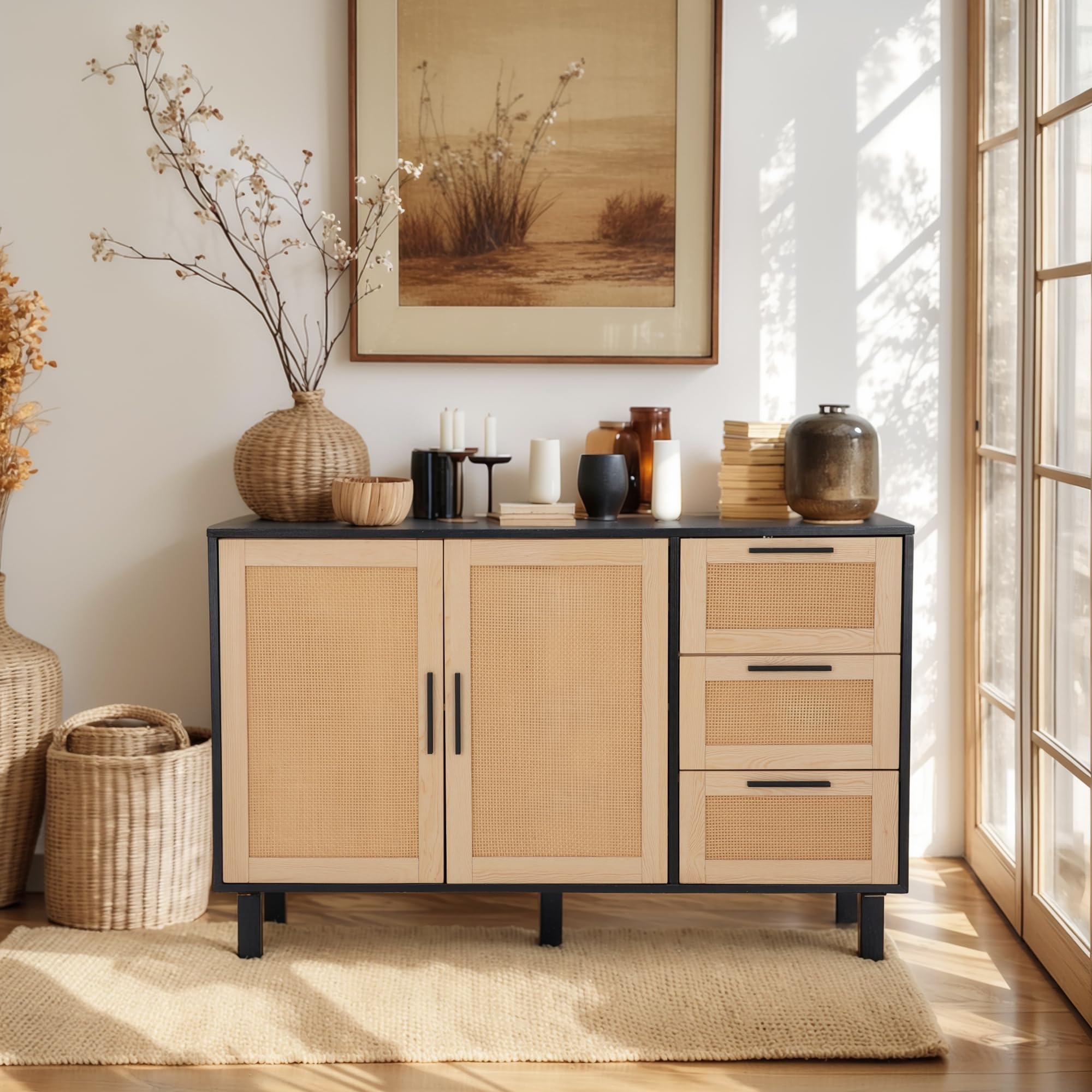 ALPHA HOME Sideboard with 2 Doors and 3 Drawers, Buffet Storage Cabinet with Rattan Decorating for Living Room Kitchen Dining Room, 40D x 120W x 75H cm