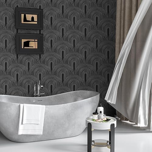 Miniatura 4 de VEELIKE Papel tapiz geométrico bohemio de arcos negros para despegar y pegar, para dormitorio, sala de estar, 17.7 x 118 pulgadas, papel tapiz