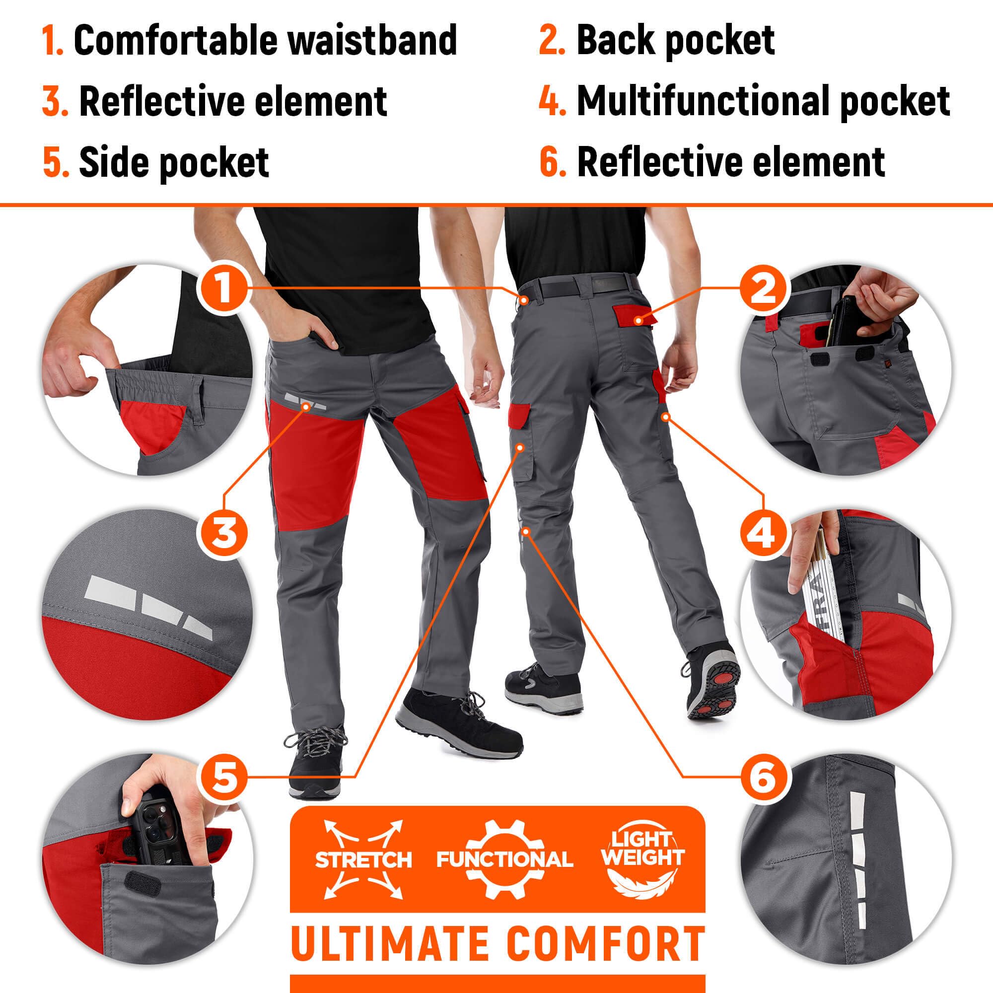 Stenso EOS Pantalon De Travail Homme - Pantalon Cargo Homme avec Deux Poches Avant, Poche Arrière, Poche Cargo, Ceinture Élastique, Fermeture Éclair YKK, Éléments Réfléchissants