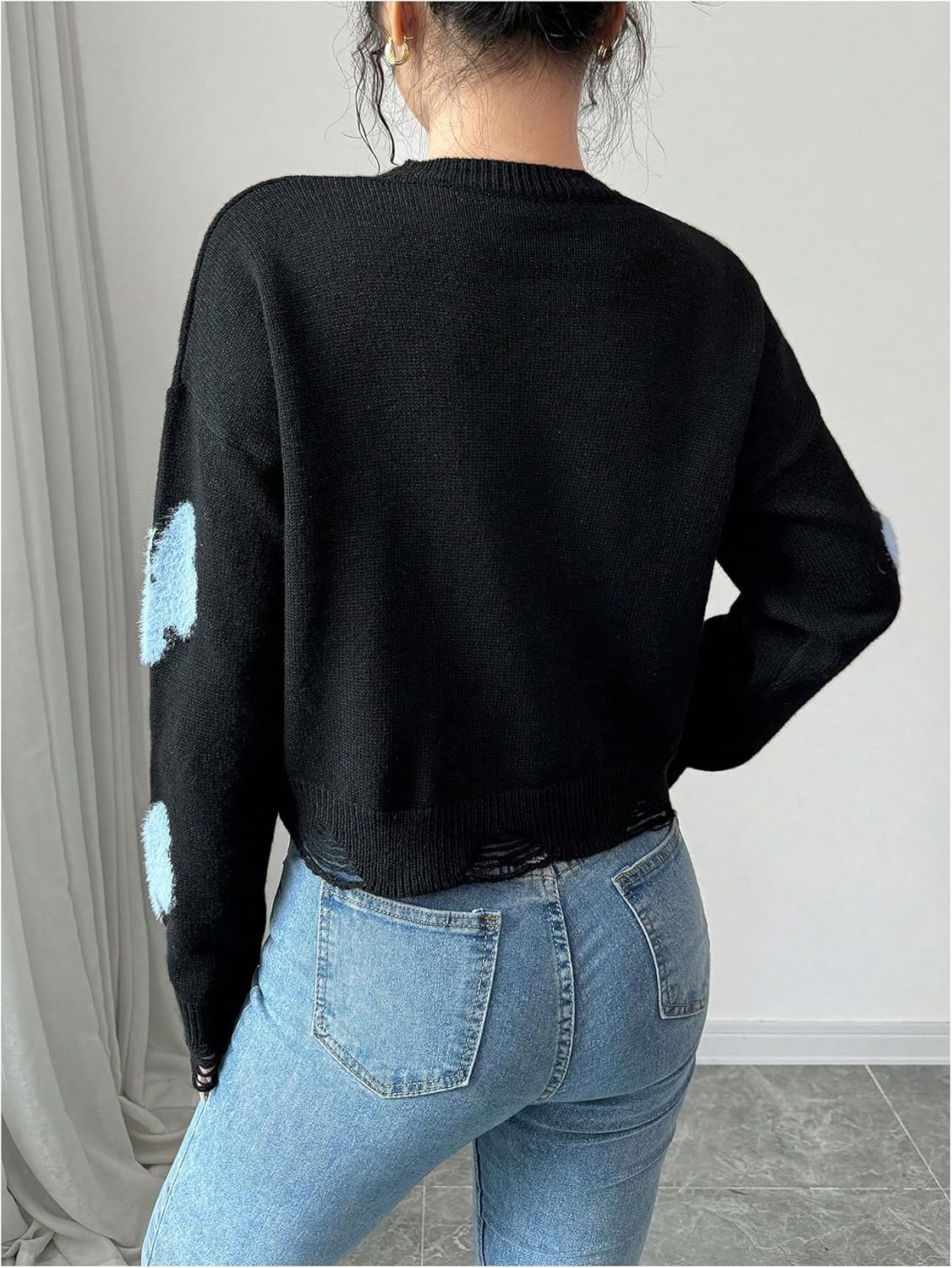 Verdusa Women's Butterfly Ripped Y2k Crop Sweater Crew Neck Graphic Pullover Knit Tops Fall Clothes - Image 2