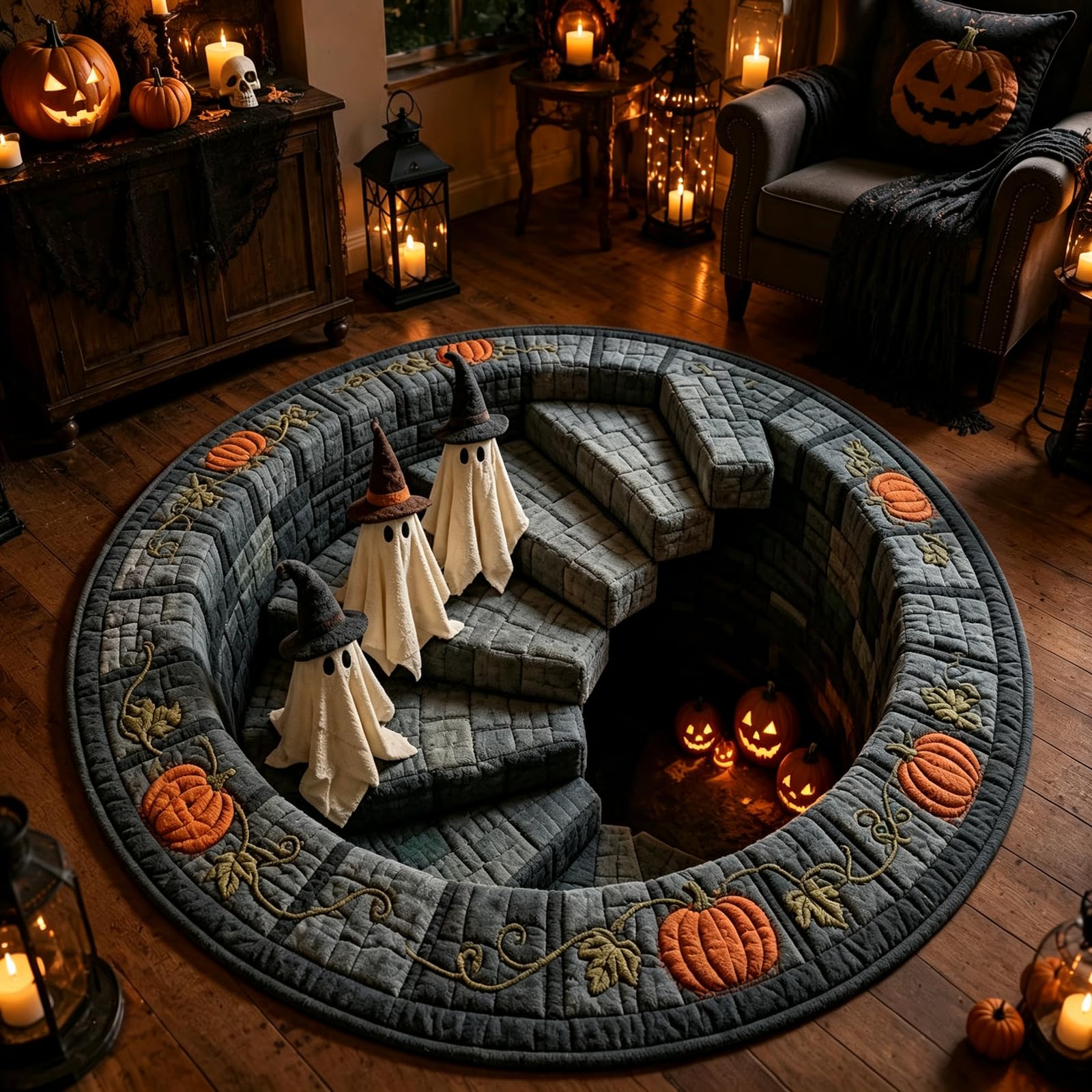 Tapis rond en velours antidérapant avec impression visuelle en spirale pour