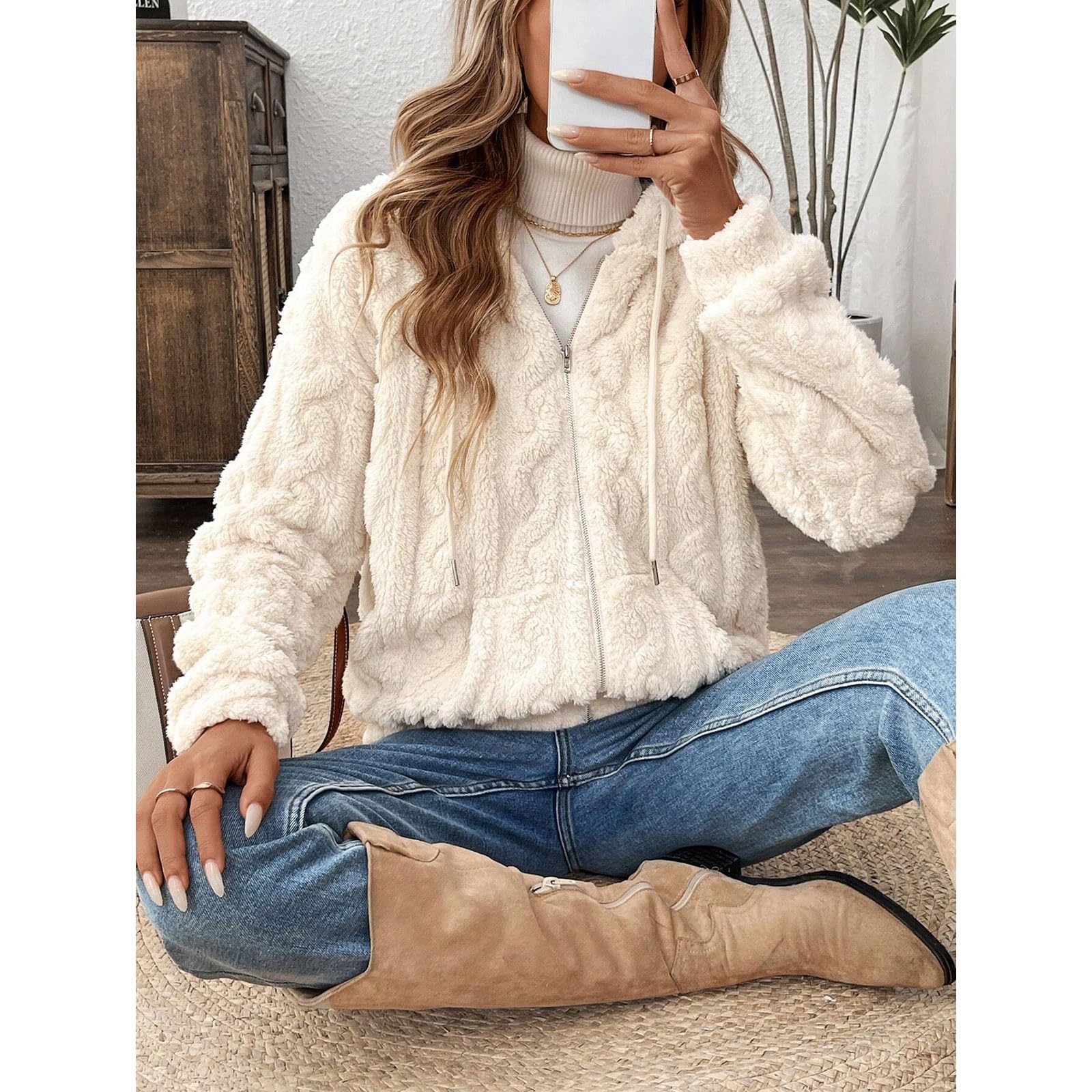 Yeenily Polaire À Capuche pour Femme Manteaux Peluche Zippée Épaissir Garder Cardigan Décontractée Hooded Coat Mode Hiver Outerwear
