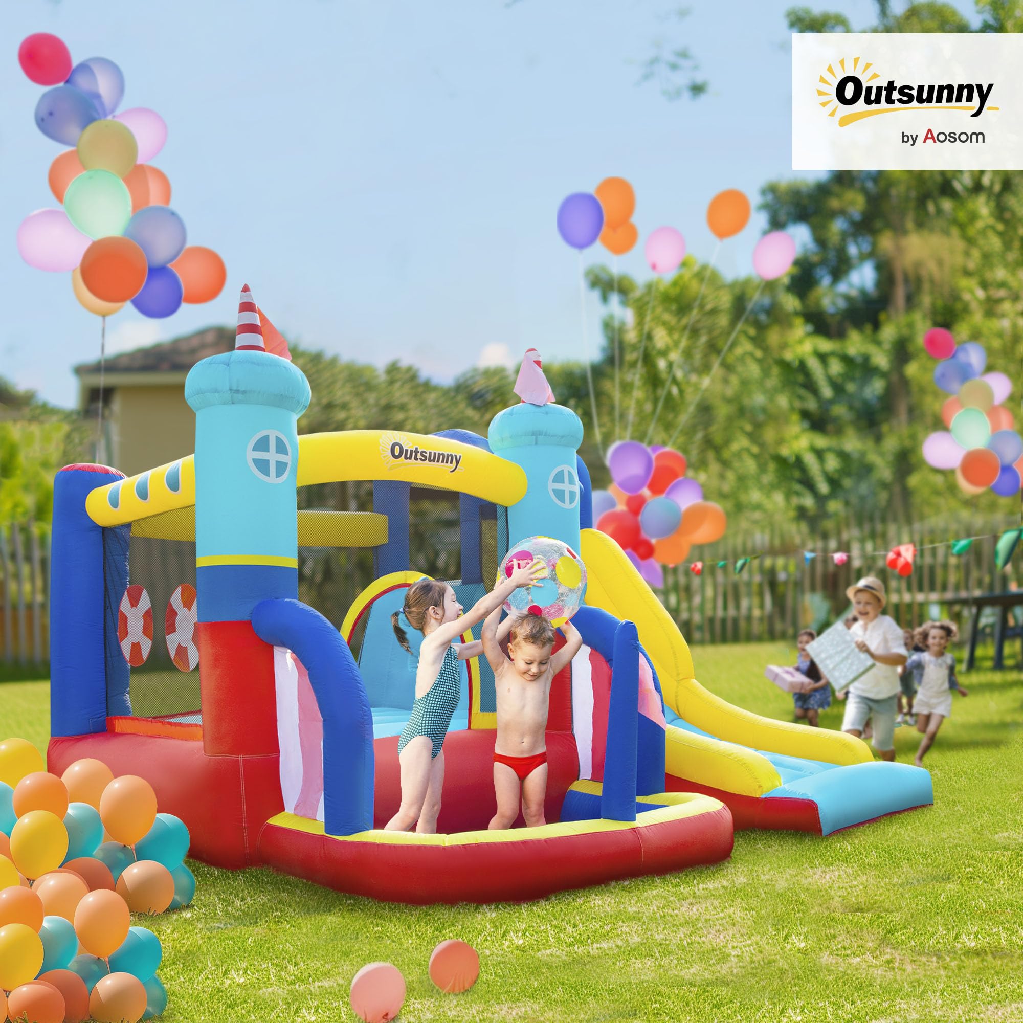 Outsunny Castello Gonfiabile 4 in 1 per Bambini 3-8 Anni, 265x260x200cm | Trampolino, Scivolo, Piscina, Parete da Arrampicata, Borsa Trasporto, Parco Acquatico Gonfiabile per Giardino, Gonfiatore