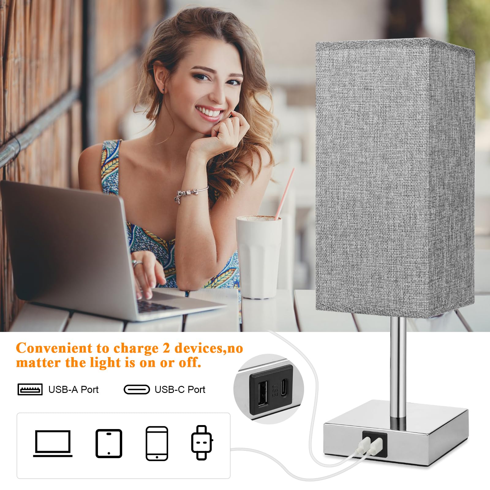 Neoglint Bedside Lamps Set of 2, Touch Control Table Lamps with USB-C+A Charging Ports and Bulbs - Image 2