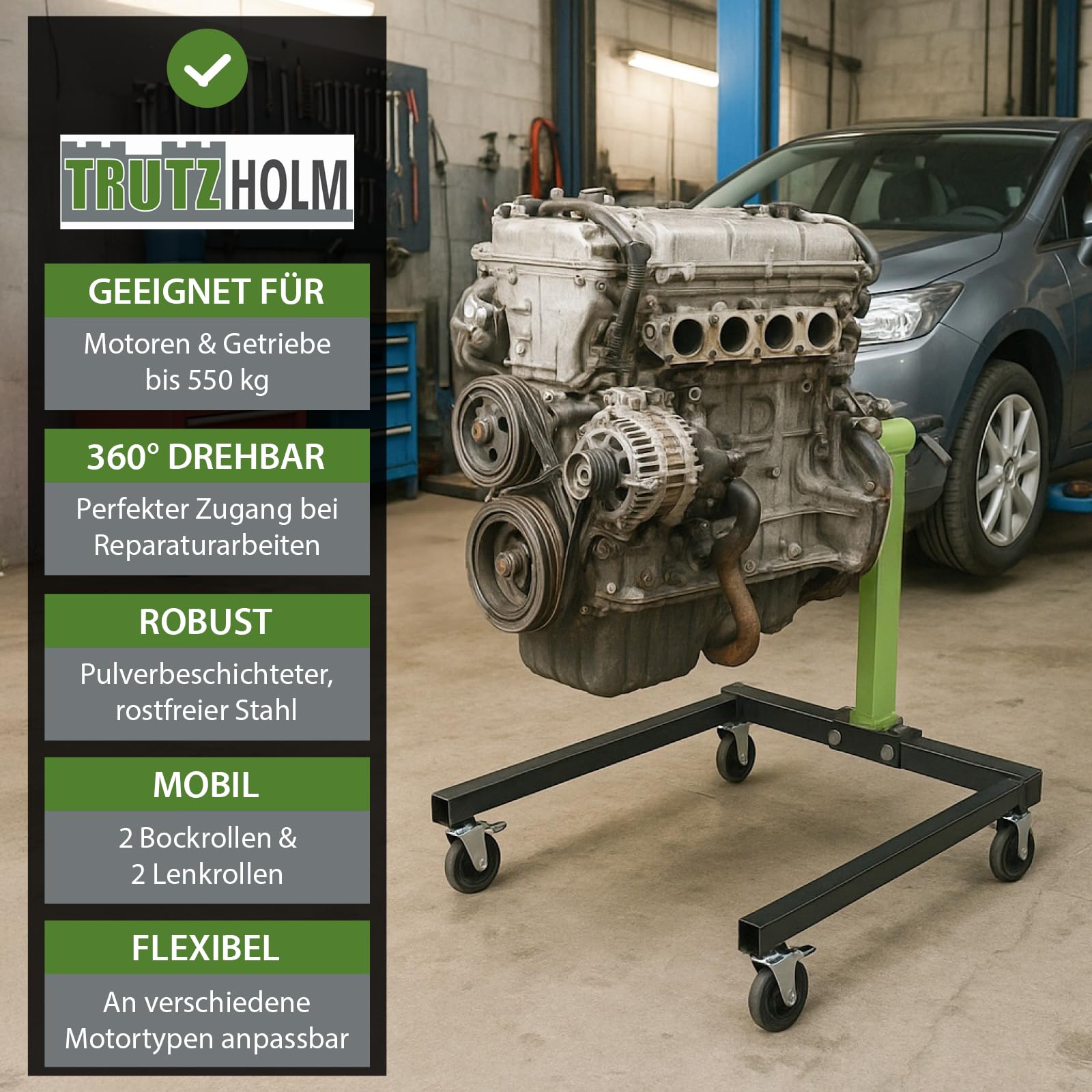 TRUTZHOLM Motorständer Stahl Tragkraft 900 kg 6 Lenkrollen Tragkraft 550 kg 2 Bockrollen 2 Lenkrollen 360° drehbarer Montagekopf Montageständer mit Flexibler Aufnahme für Motoren Getriebe (38637)