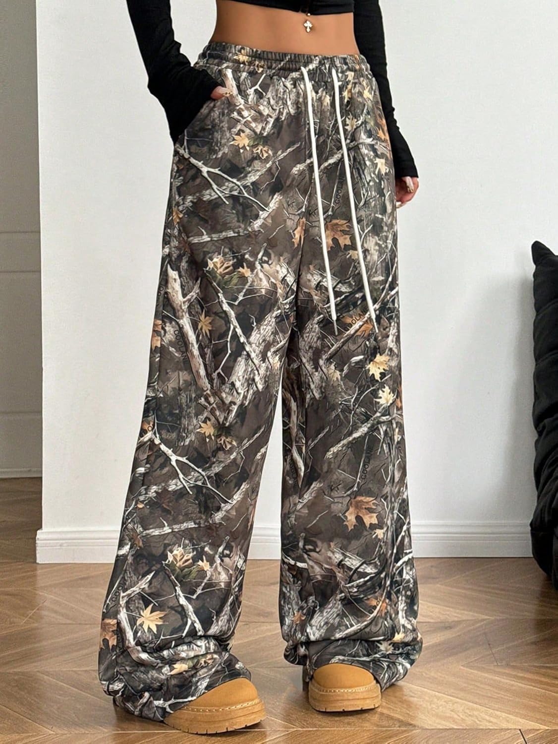 Women's Camouflage Leaf Print Pants Casual Elastic High Waist Sweatpants Camo Print Outdoor Bottoms - Image 3